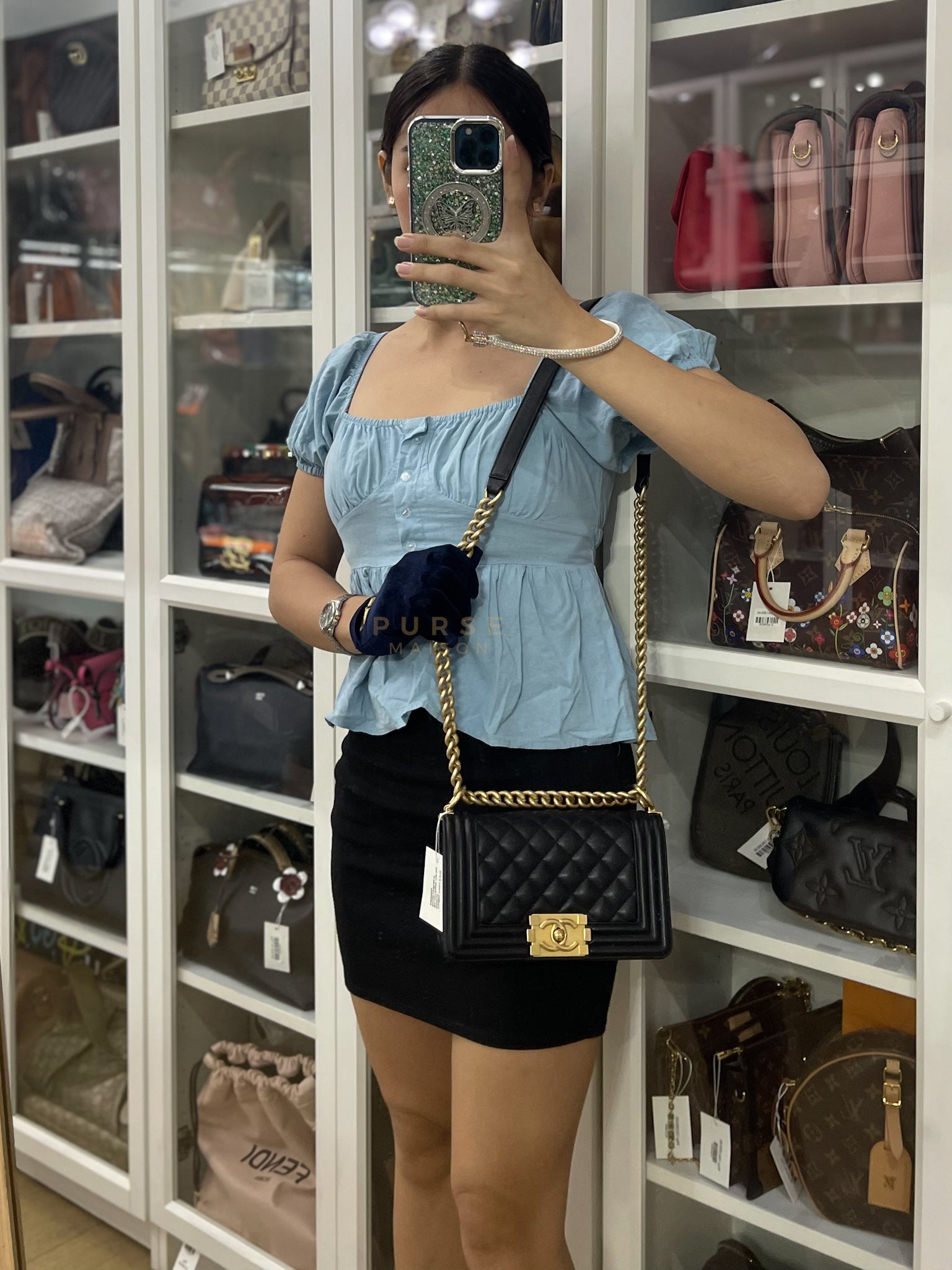 Boy Small in Black Caviar Leather and Aged Gold Hardware (Microchip) | Purse Maison Luxury Bags Shop