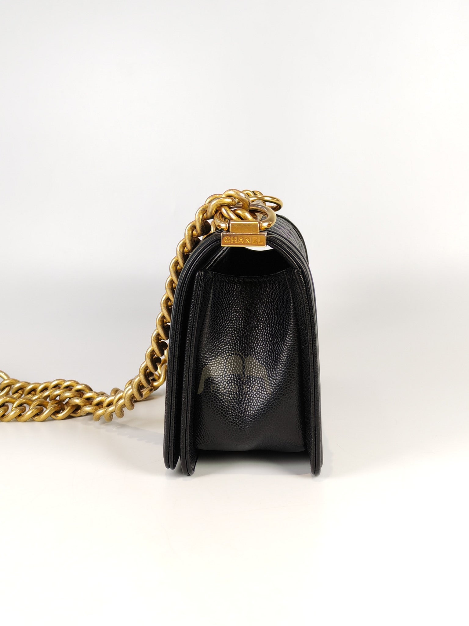 Boy Small in Black Caviar Leather & Age Gold Hardware Microchip | Purse Maison Luxury Bags Shop
