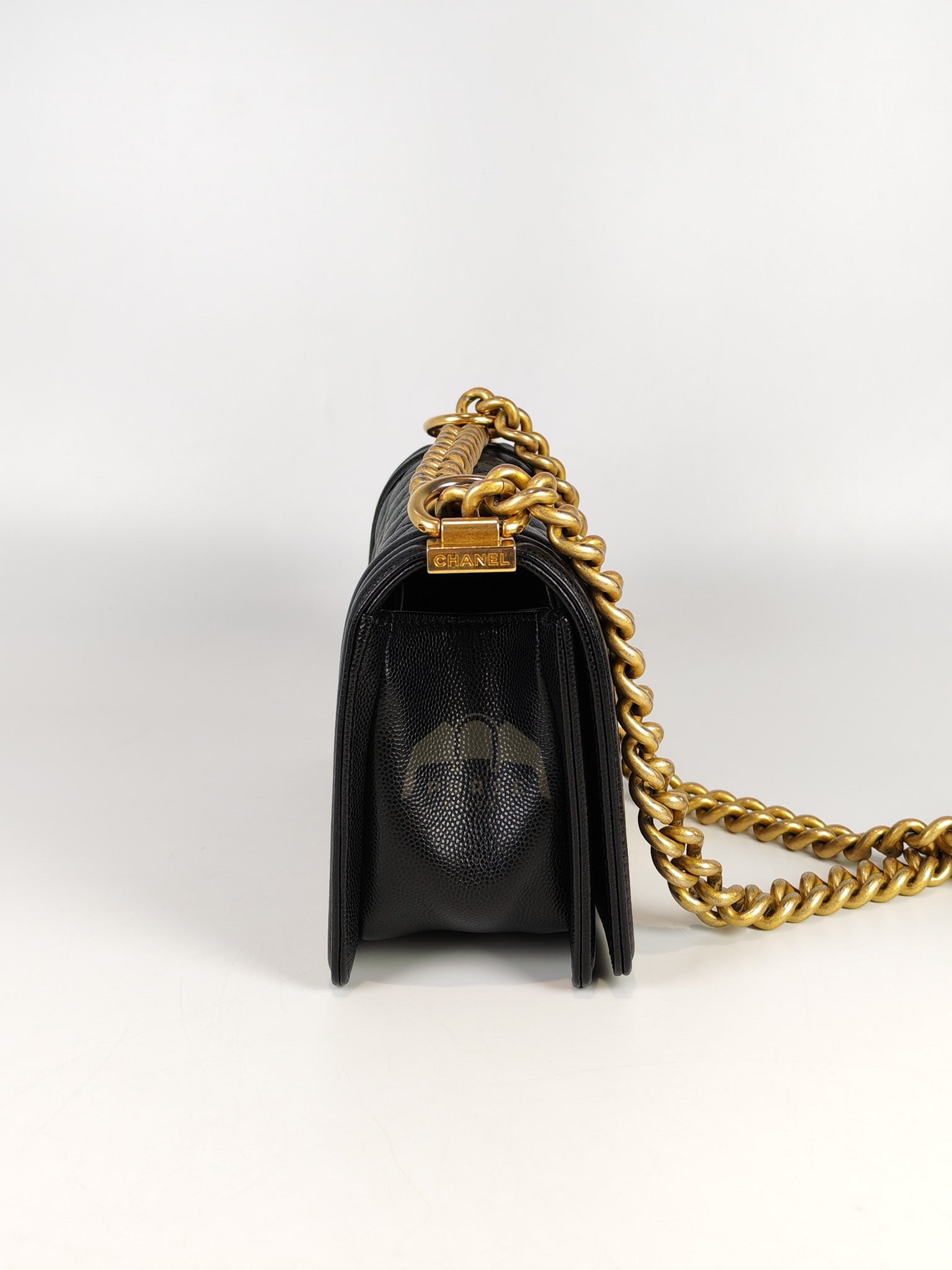 Boy Small in Black Caviar Leather & Age Gold Hardware Microchip | Purse Maison Luxury Bags Shop