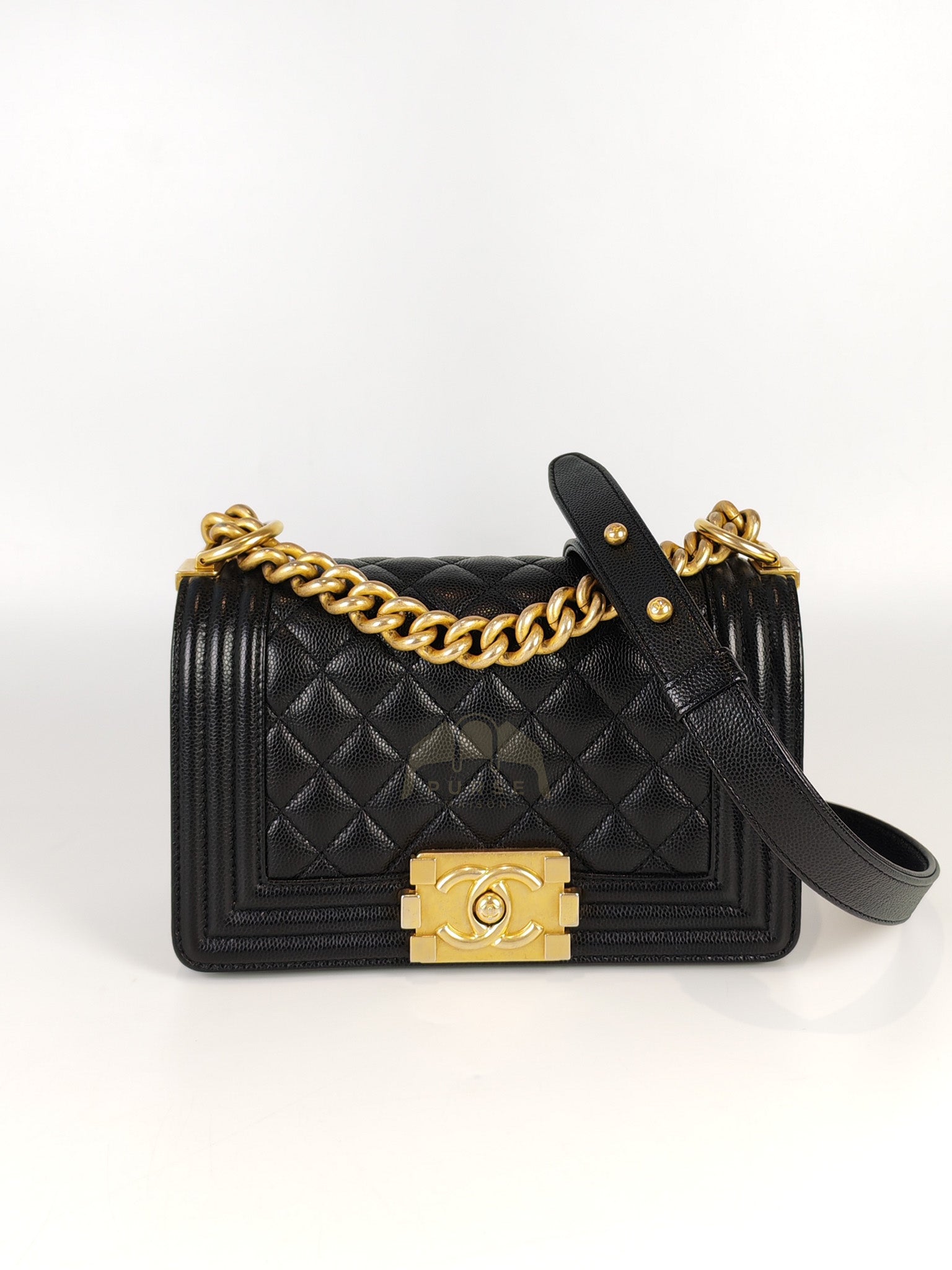 Boy Small in Black Caviar Leather & Age Gold Hardware Microchip | Purse Maison Luxury Bags Shop