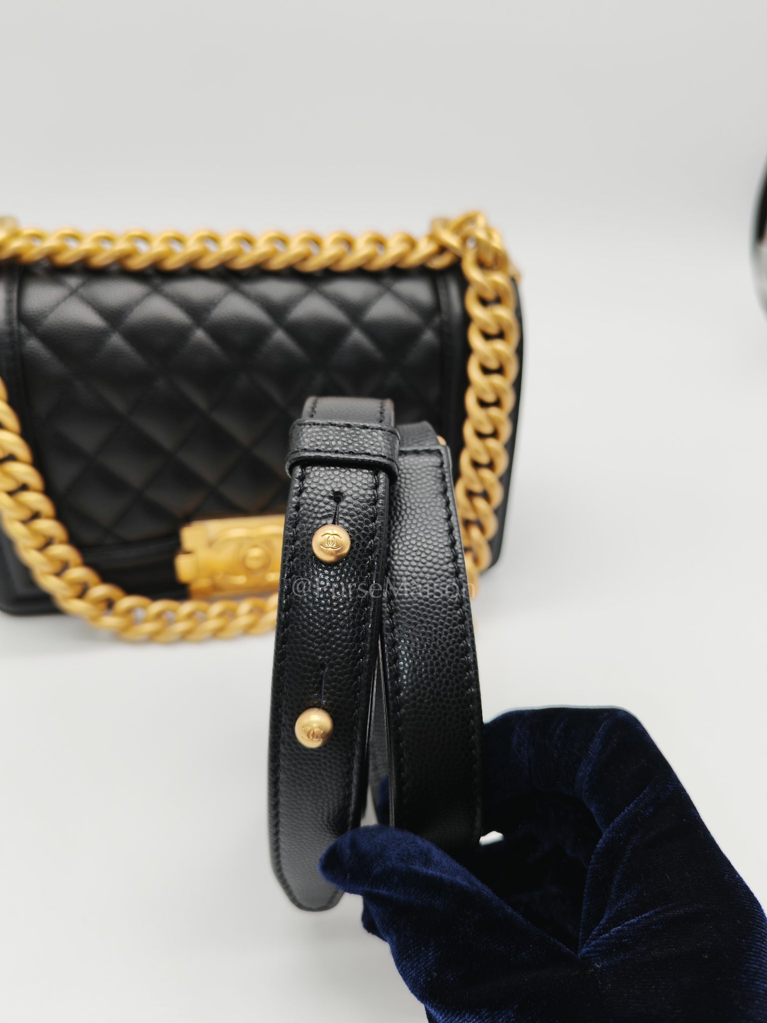 Boy Small in Black Caviar Leather and Aged Gold Hardware (Microchip) | Purse Maison Luxury Bags Shop