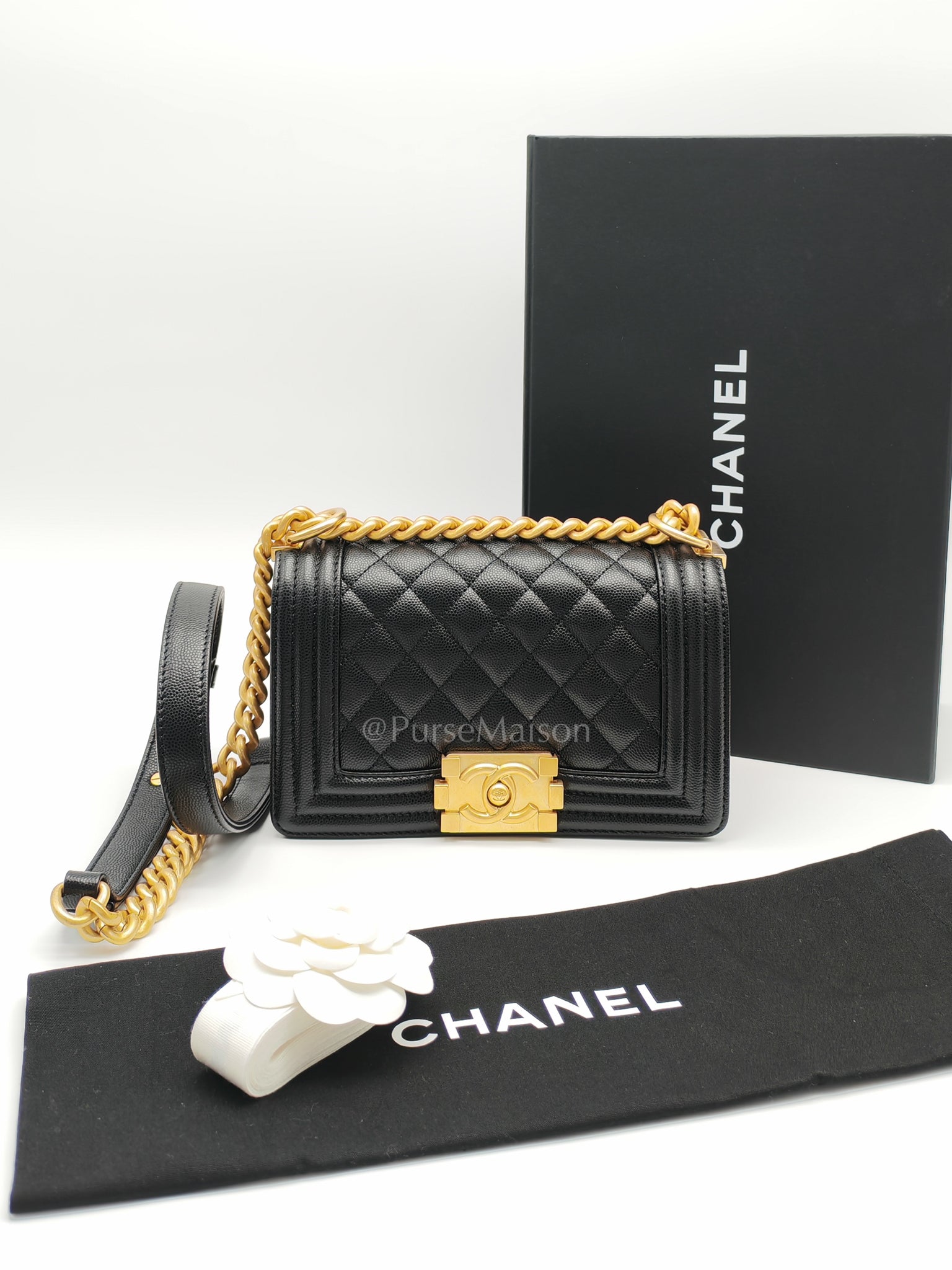 Boy Small in Black Caviar Leather and Aged Gold Hardware (Microchip) | Purse Maison Luxury Bags Shop