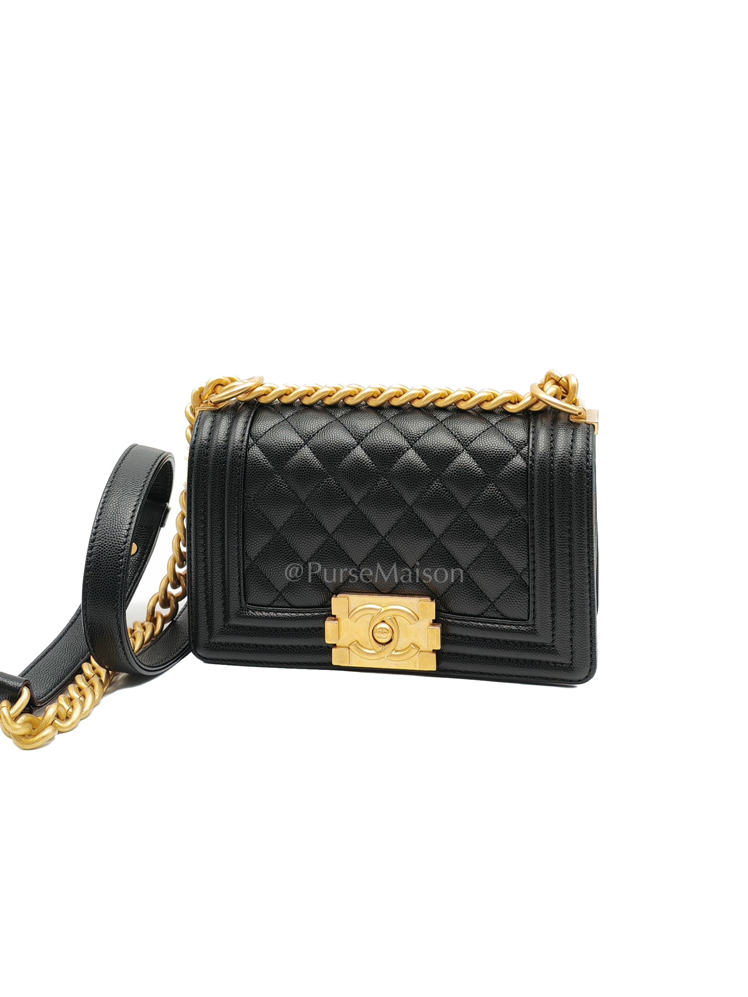 Boy Small in Black Caviar Leather and Aged Gold Hardware (Microchip) | Purse Maison Luxury Bags Shop