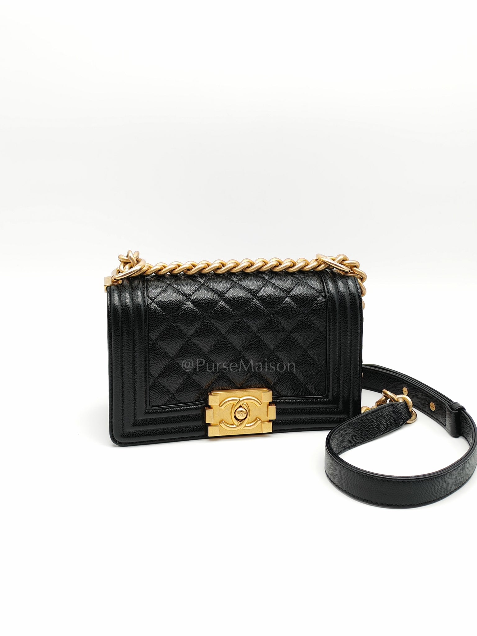 Boy Small in Black Caviar Leather and Aged Gold Hardware (Microchip) | Purse Maison Luxury Bags Shop