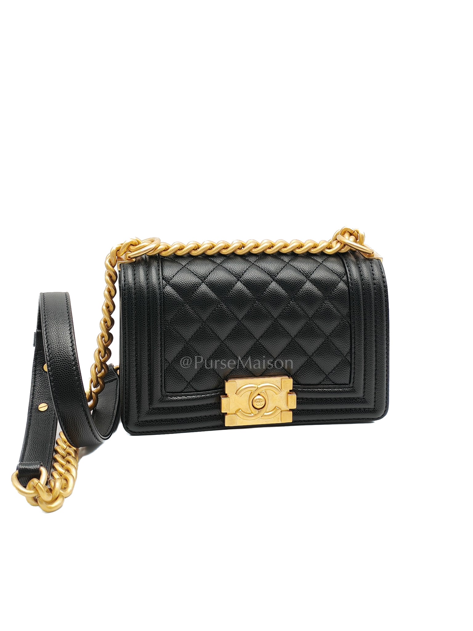 Boy Small in Black Caviar Leather and Aged Gold Hardware (Microchip) | Purse Maison Luxury Bags Shop
