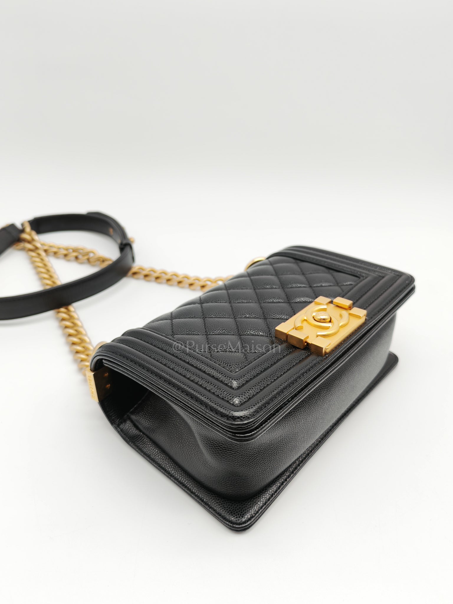 Boy Small in Black Caviar Leather and Aged Gold Hardware (Microchip) | Purse Maison Luxury Bags Shop