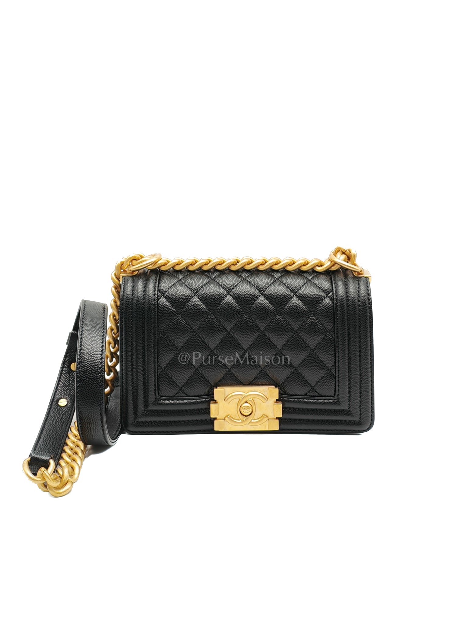 Boy Small in Black Caviar Leather and Aged Gold Hardware (Microchip) | Purse Maison Luxury Bags Shop