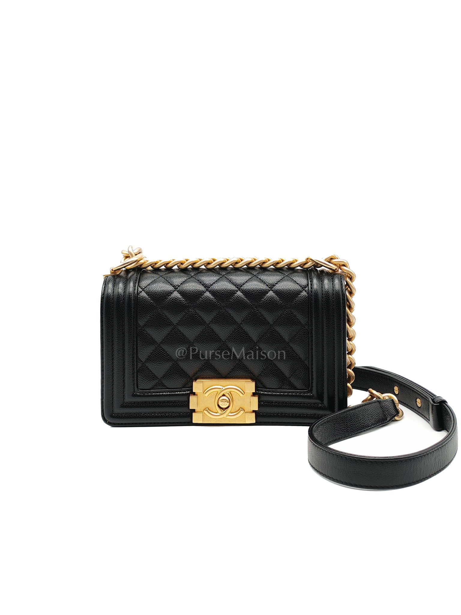 Boy Small in Black Caviar Leather and Aged Gold Hardware (Microchip) | Purse Maison Luxury Bags Shop