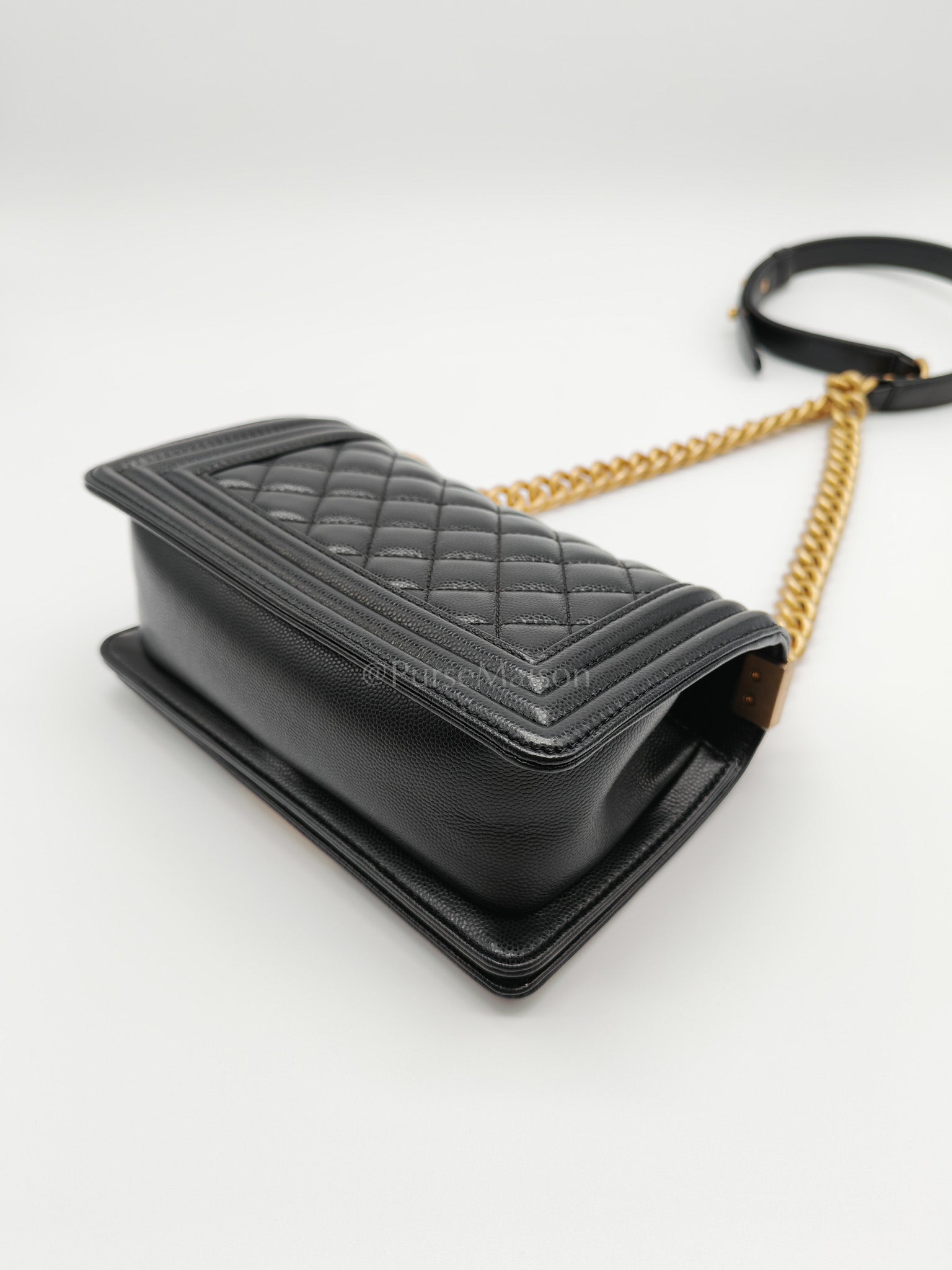 Boy Small in Black Quilted Caviar Leather and Aged Gold Hardware Series 29 | Purse Maison Luxury Bags Shop