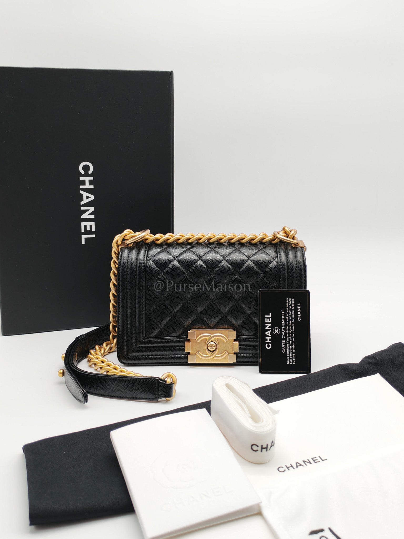 Boy Small in Black Quilted Caviar Leather and Aged Gold Hardware Series 29 | Purse Maison Luxury Bags Shop