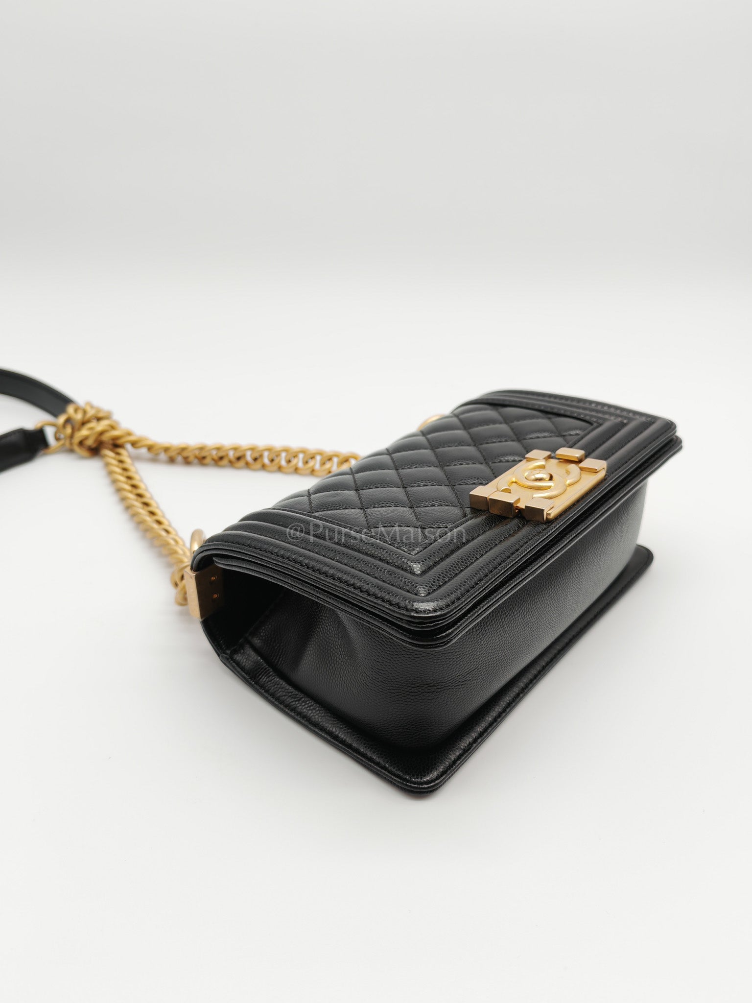 Boy Small in Black Quilted Caviar Leather and Aged Gold Hardware Series 29 | Purse Maison Luxury Bags Shop