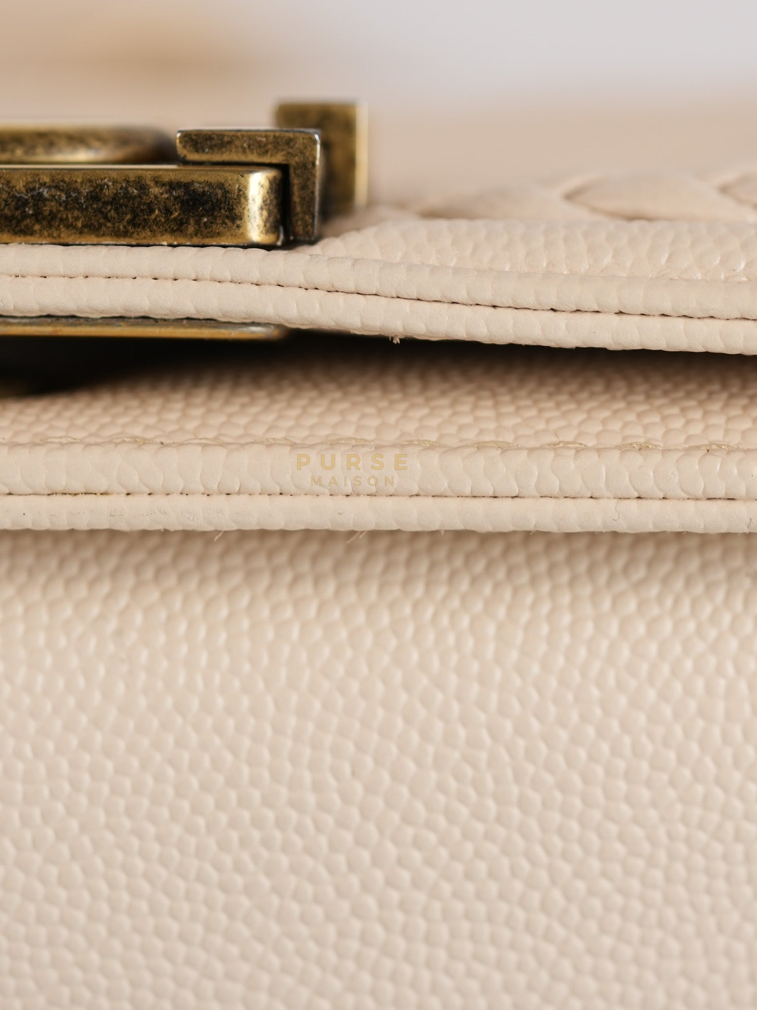 Boy Small in Cream Chevron Caviar Leather Aged Gold Hardware Series 25 | Purse Maison Luxury Bags Shop