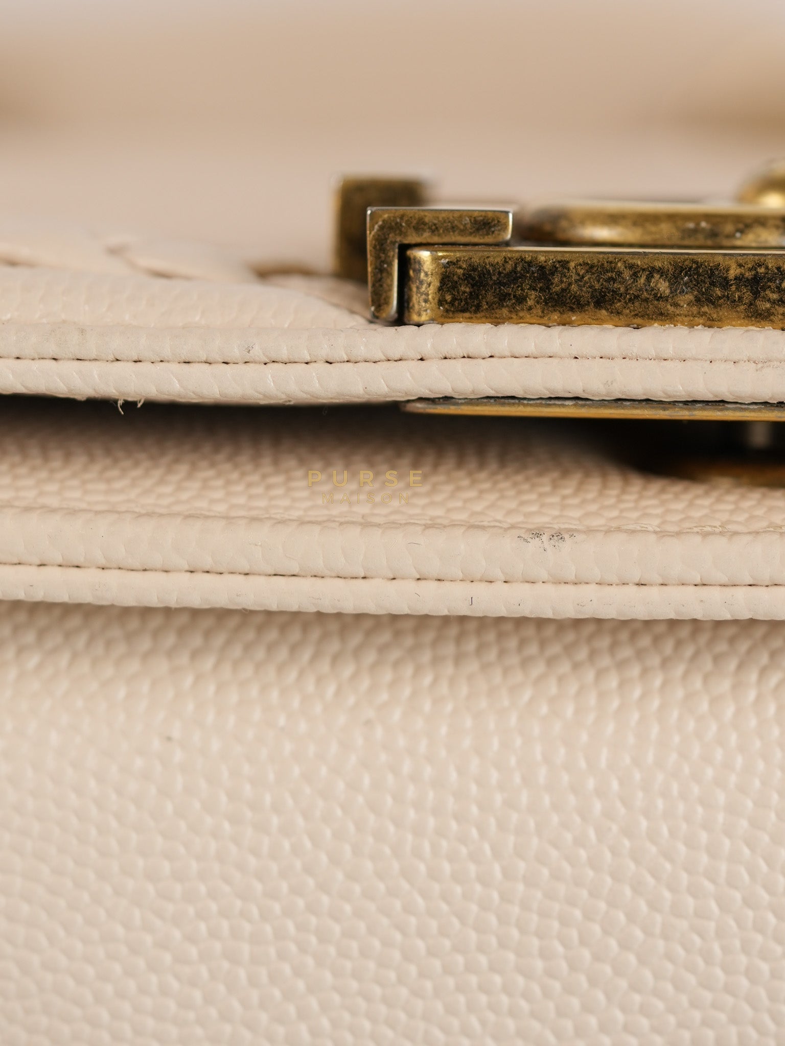 Boy Small in Cream Chevron Caviar Leather Aged Gold Hardware Series 25 | Purse Maison Luxury Bags Shop