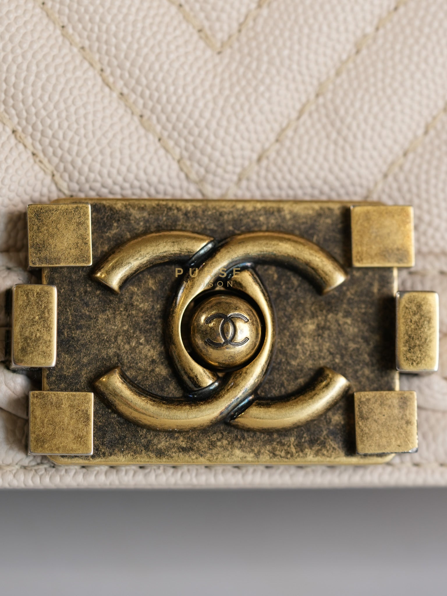 Boy Small in Cream Chevron Caviar Leather Aged Gold Hardware Series 25 | Purse Maison Luxury Bags Shop