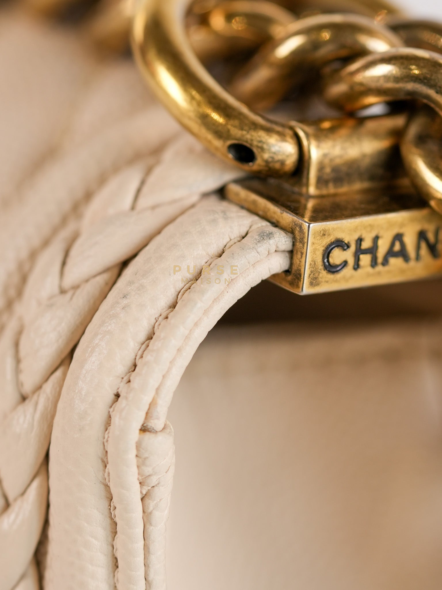 Boy Small in Cream Chevron Caviar Leather Aged Gold Hardware Series 25 | Purse Maison Luxury Bags Shop