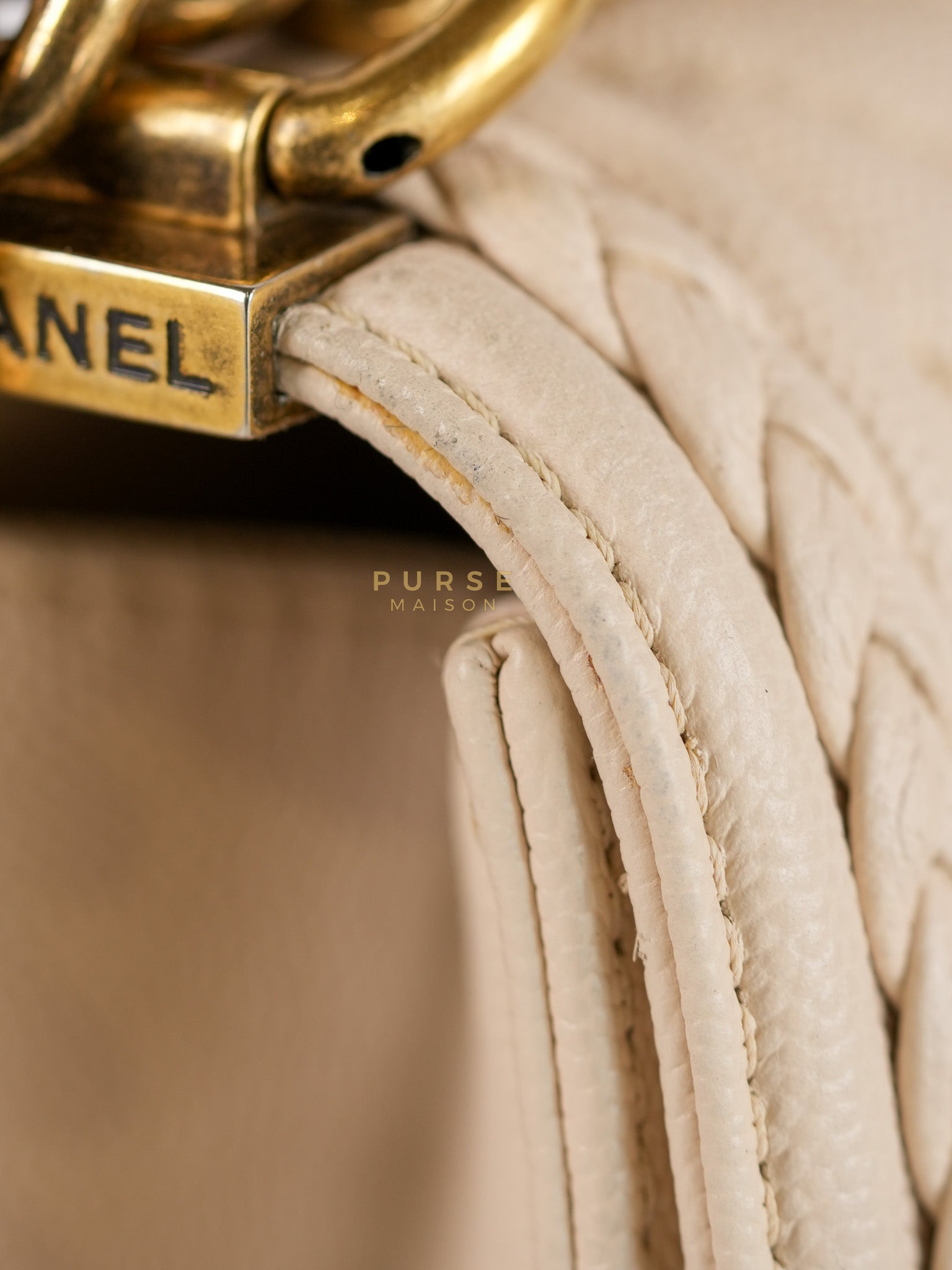 Boy Small in Cream Chevron Caviar Leather Aged Gold Hardware Series 25 | Purse Maison Luxury Bags Shop