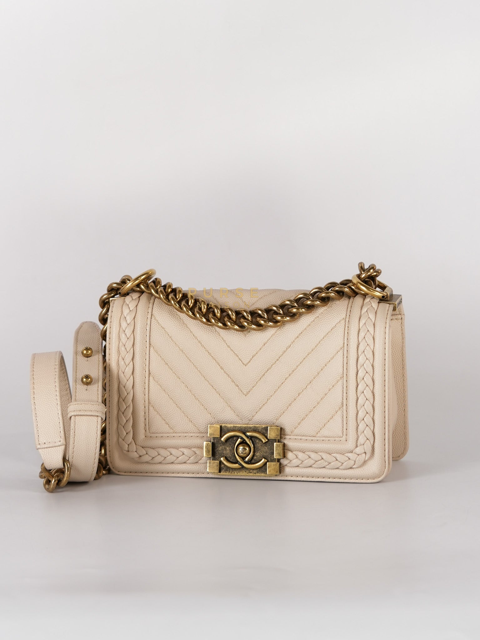 Boy Small in Cream Chevron Caviar Leather Aged Gold Hardware Series 25 | Purse Maison Luxury Bags Shop