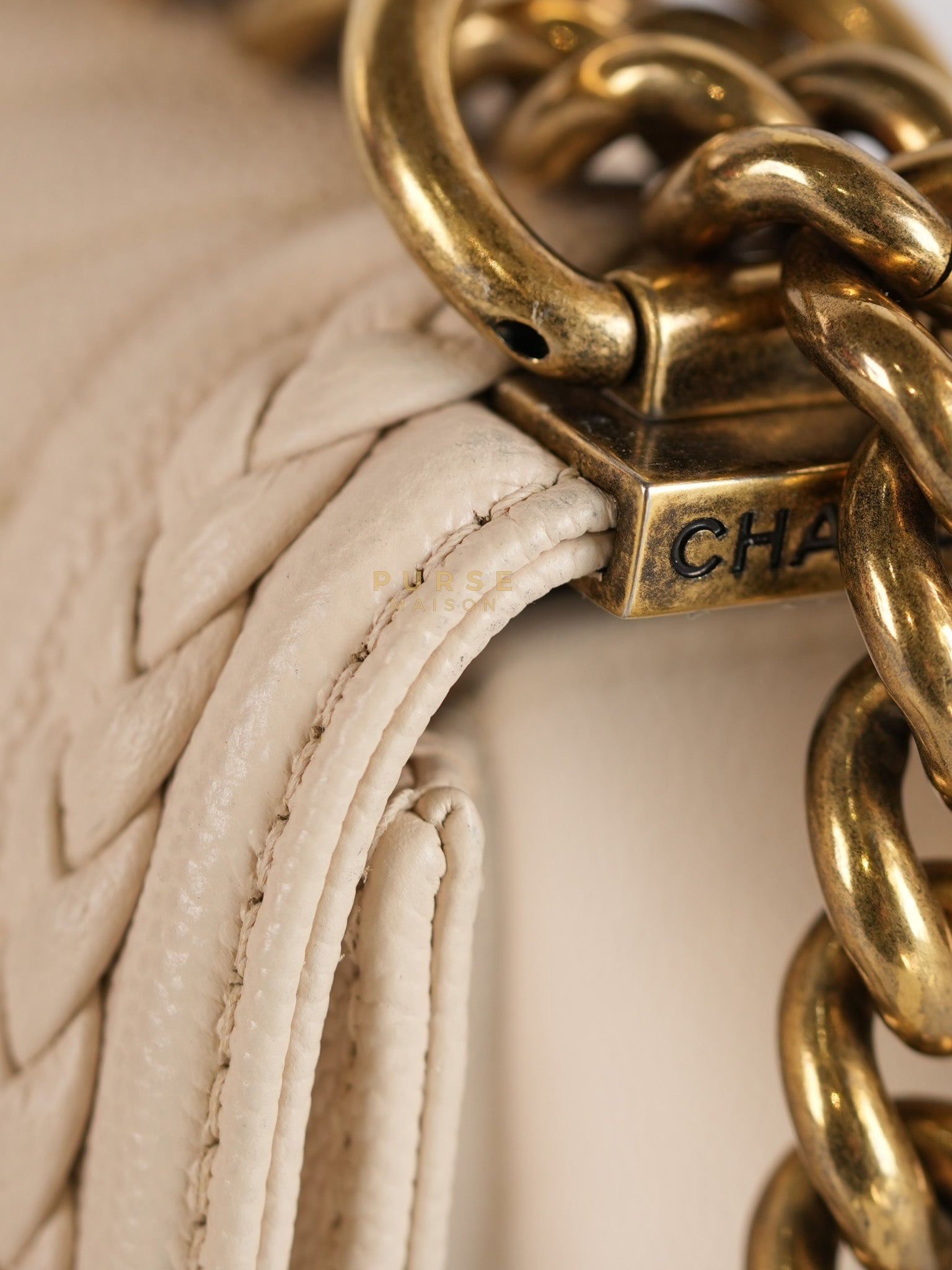 Boy Small in Cream Chevron Caviar Leather Aged Gold Hardware Series 25 | Purse Maison Luxury Bags Shop