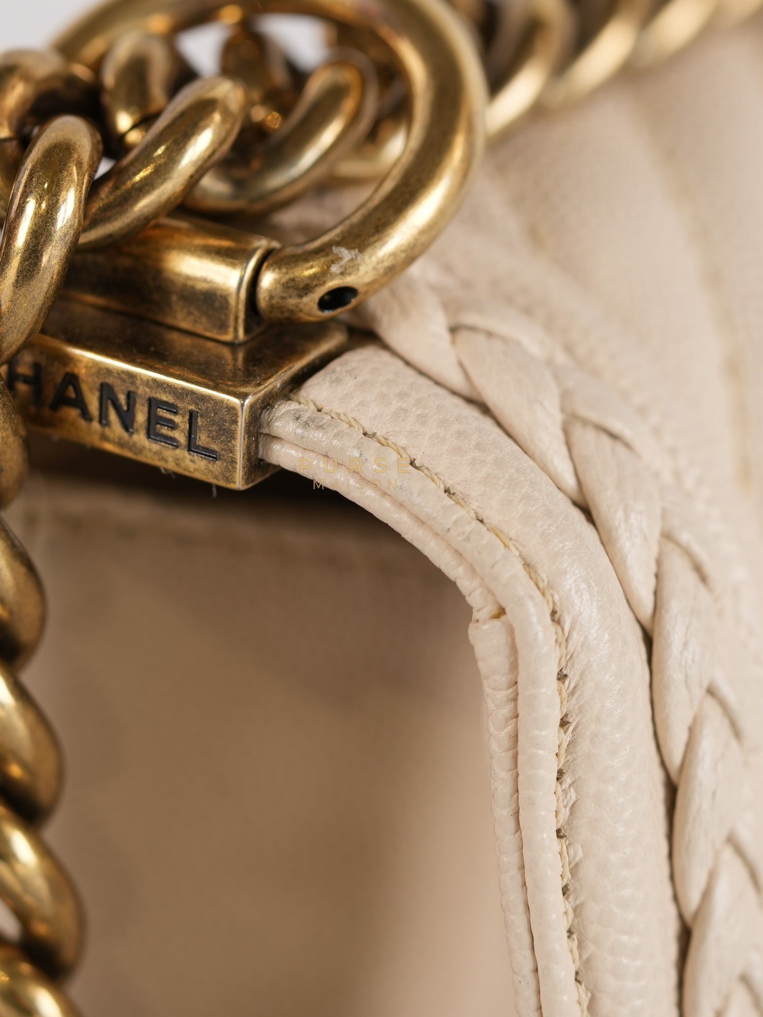 Boy Small in Cream Chevron Caviar Leather Aged Gold Hardware Series 25 | Purse Maison Luxury Bags Shop