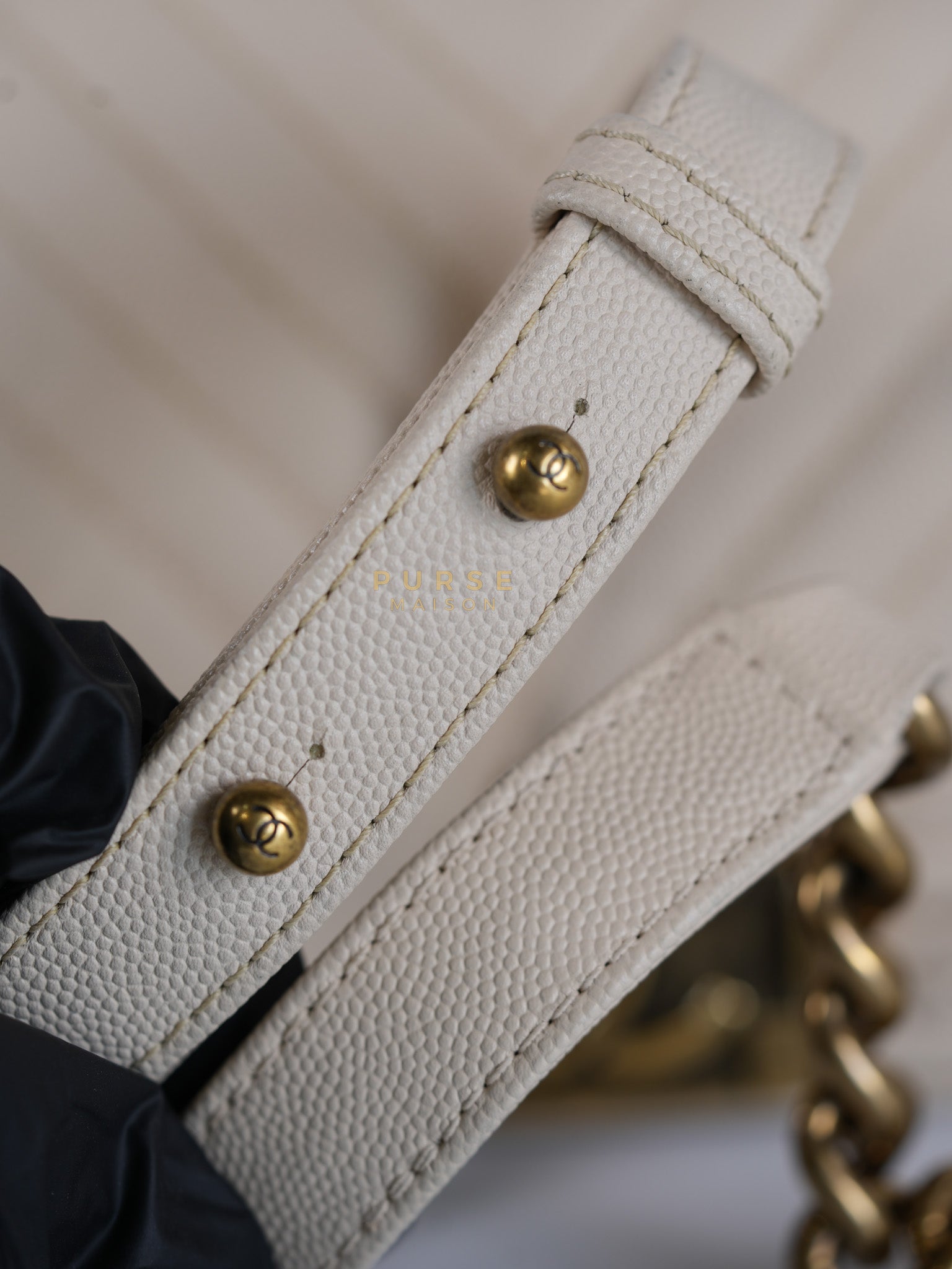 Boy Small in Cream Chevron Caviar Leather Aged Gold Hardware Series 25 | Purse Maison Luxury Bags Shop