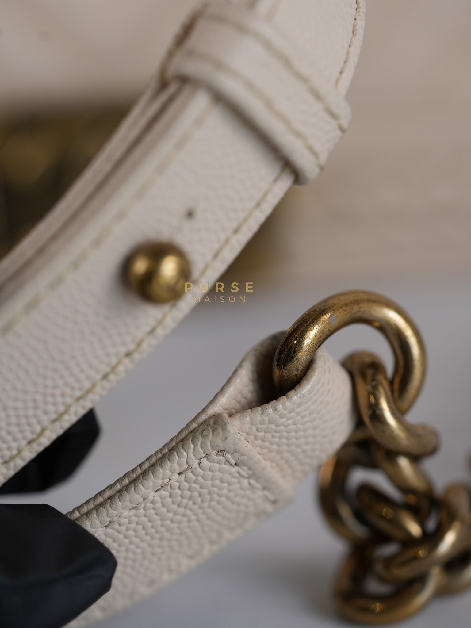 Boy Small in Cream Chevron Caviar Leather Aged Gold Hardware Series 25 | Purse Maison Luxury Bags Shop