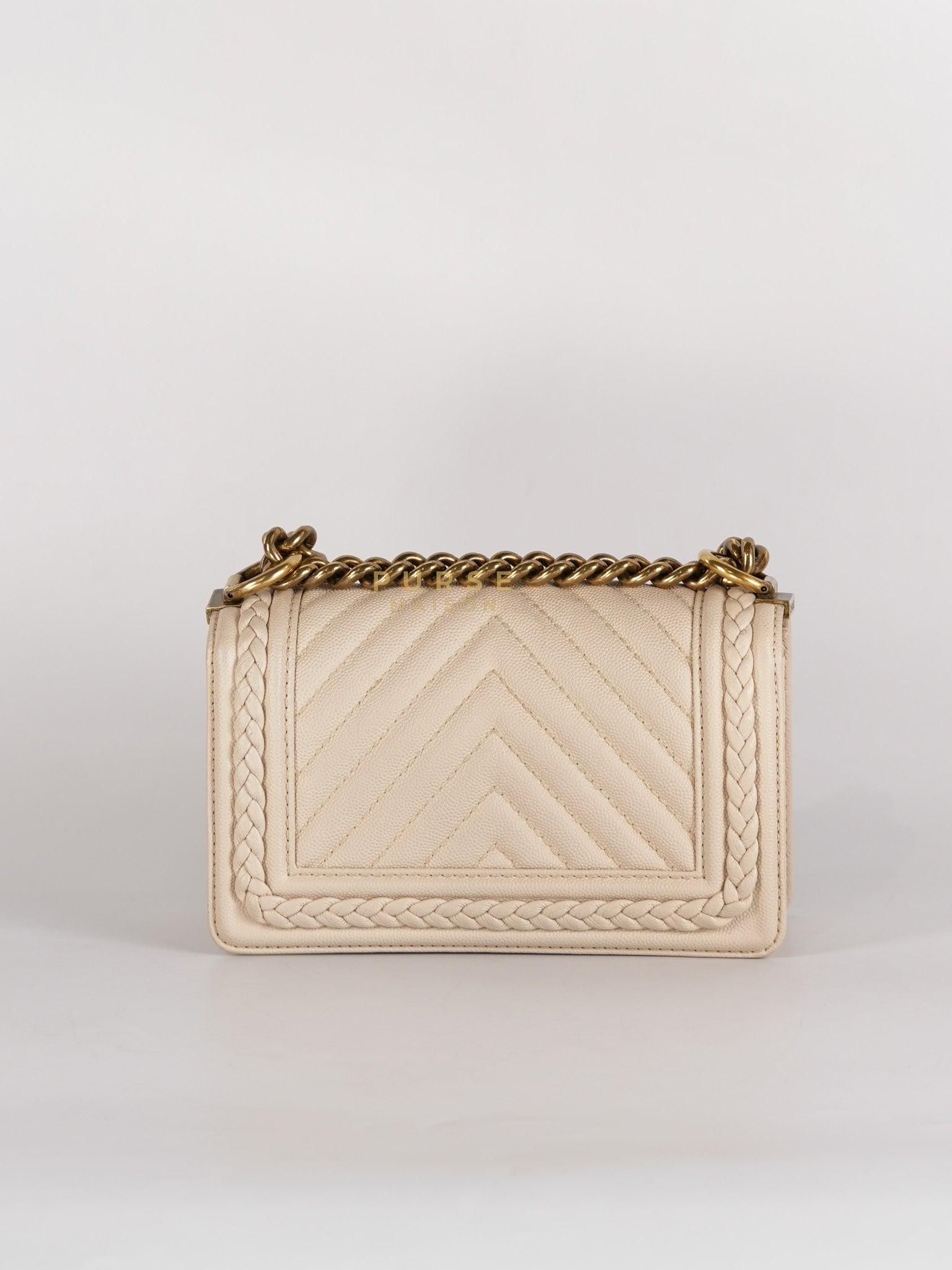 Boy Small in Cream Chevron Caviar Leather Aged Gold Hardware Series 25 | Purse Maison Luxury Bags Shop