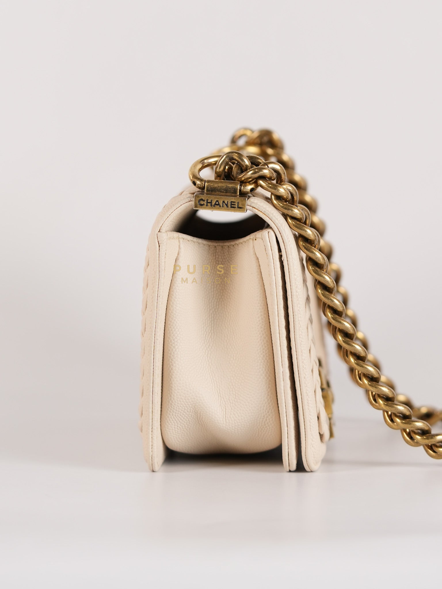 Boy Small in Cream Chevron Caviar Leather Aged Gold Hardware Series 25 | Purse Maison Luxury Bags Shop