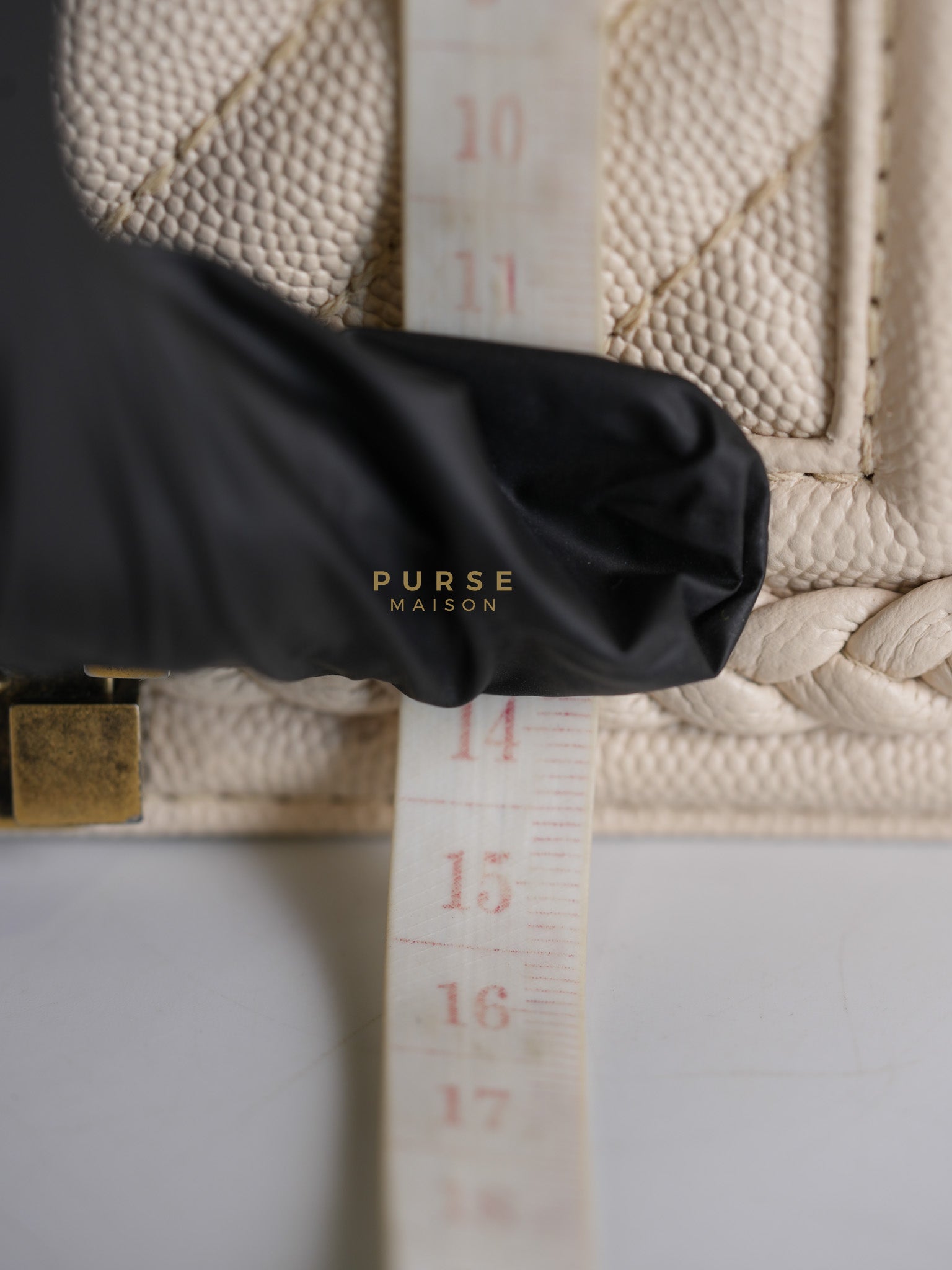 Boy Small in Cream Chevron Caviar Leather Aged Gold Hardware Series 25 | Purse Maison Luxury Bags Shop