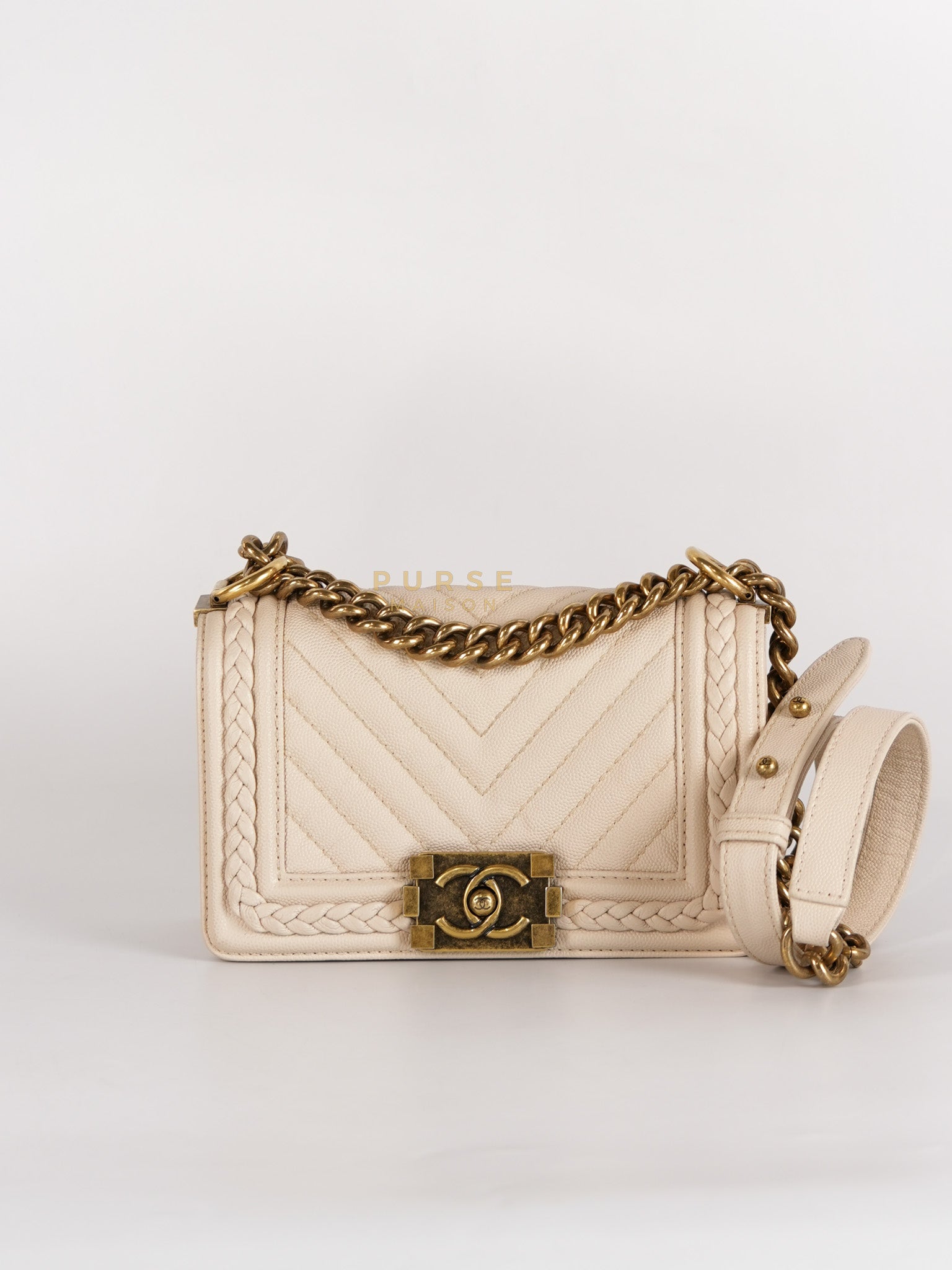 Boy Small in Cream Chevron Caviar Leather Aged Gold Hardware Series 25 | Purse Maison Luxury Bags Shop