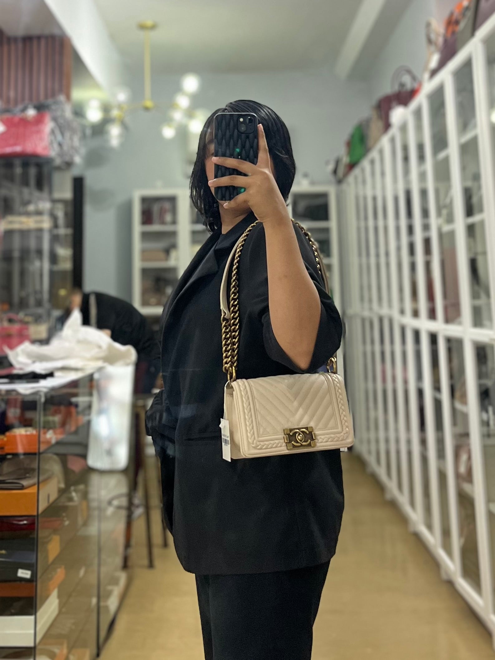 Boy Small in Cream Chevron Caviar Leather Aged Gold Hardware Series 25 | Purse Maison Luxury Bags Shop