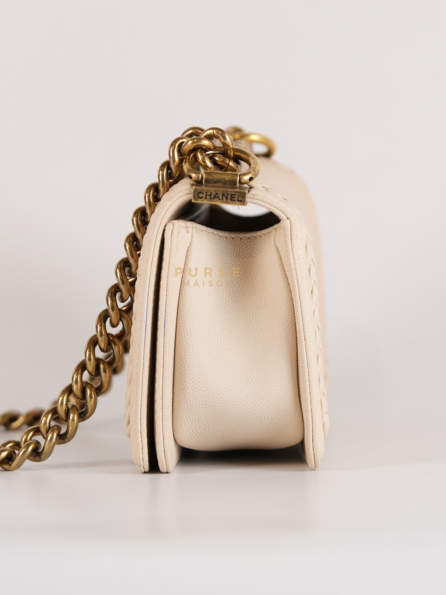 Boy Small in Cream Chevron Caviar Leather Aged Gold Hardware Series 25 | Purse Maison Luxury Bags Shop