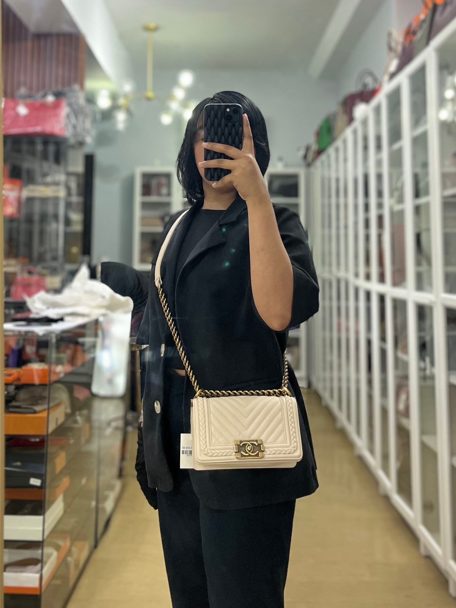 Boy Small in Cream Chevron Caviar Leather Aged Gold Hardware Series 25 | Purse Maison Luxury Bags Shop