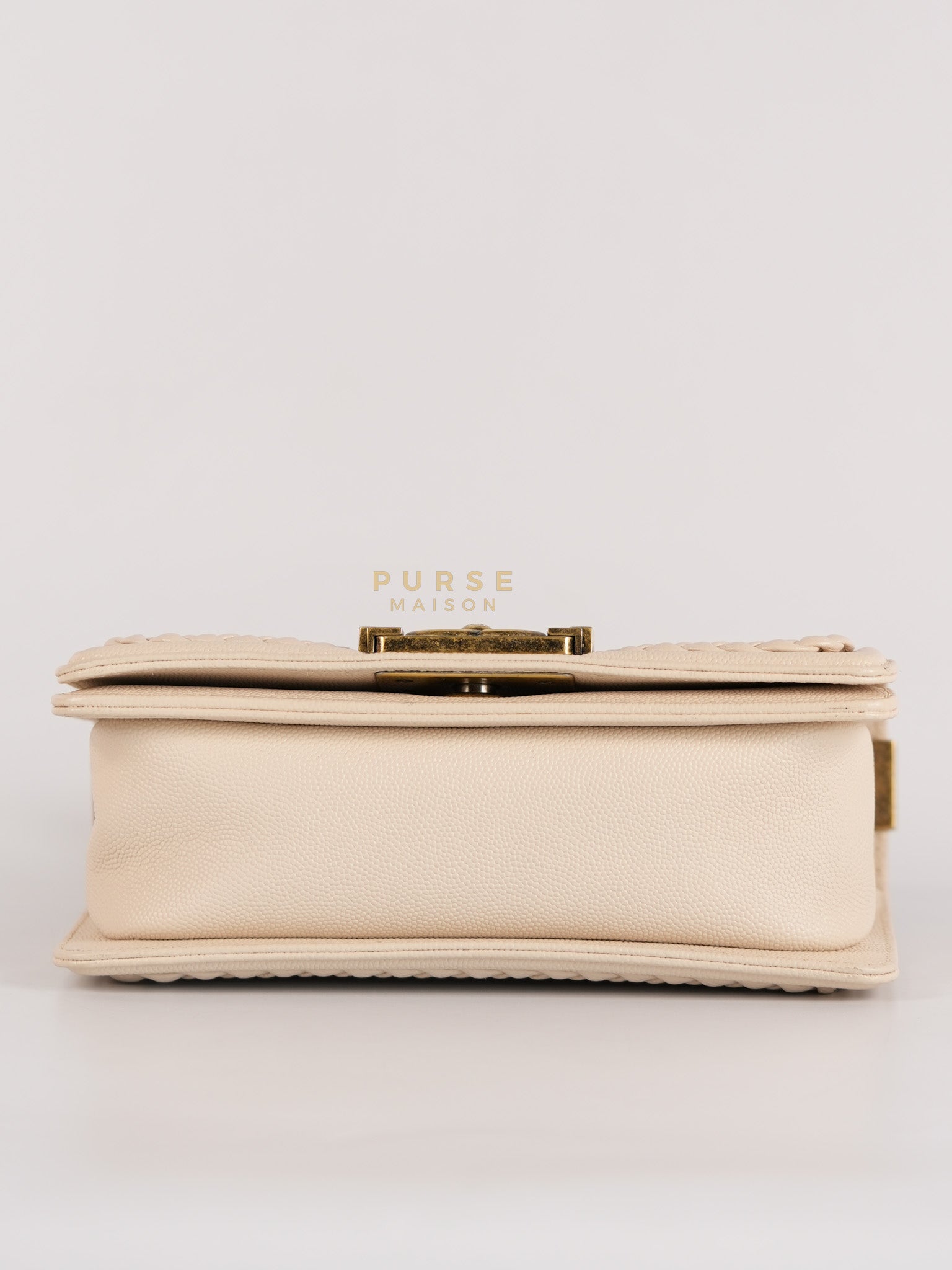 Boy Small in Cream Chevron Caviar Leather Aged Gold Hardware Series 25 | Purse Maison Luxury Bags Shop