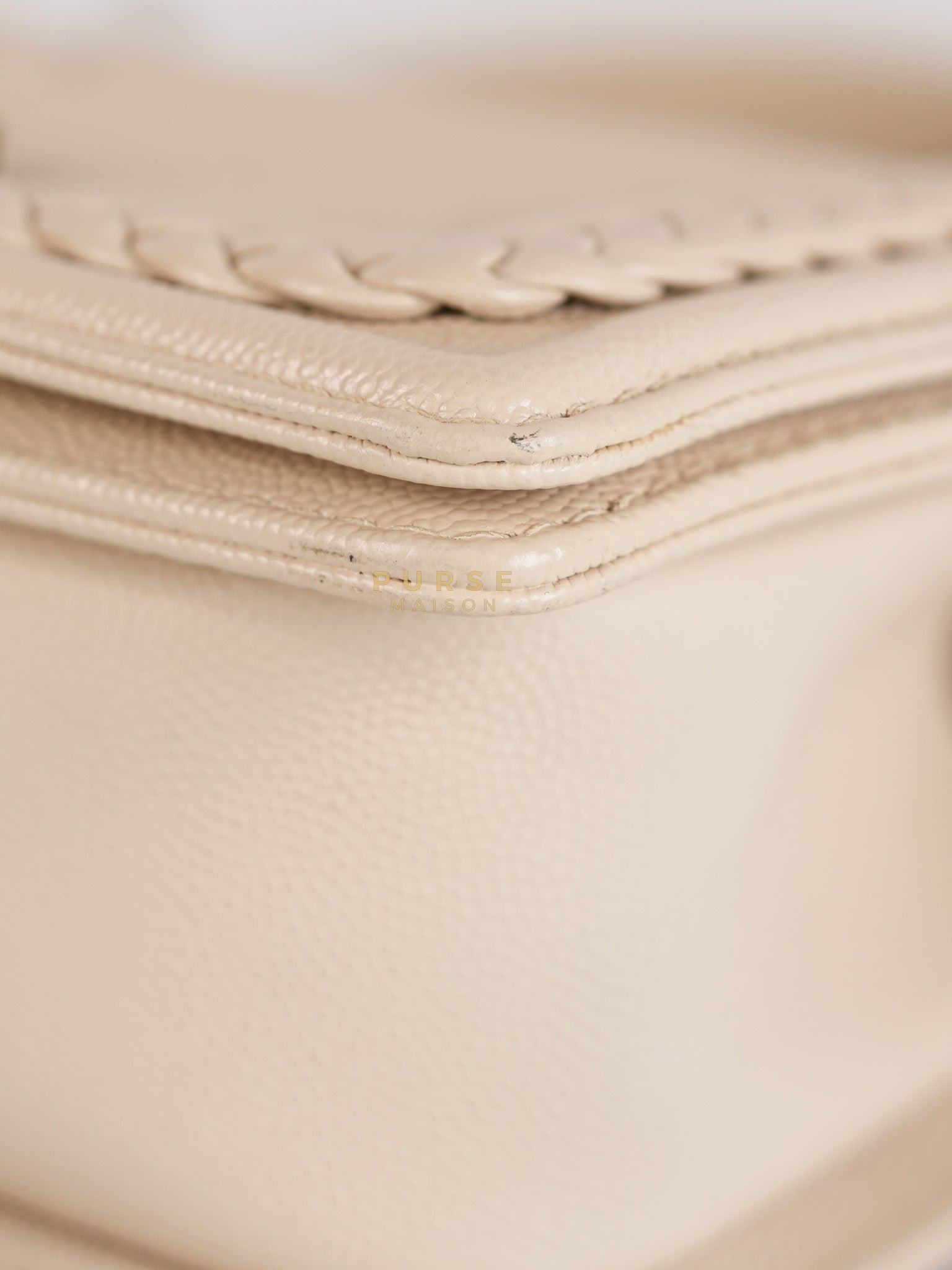 Boy Small in Cream Chevron Caviar Leather Aged Gold Hardware Series 25 | Purse Maison Luxury Bags Shop