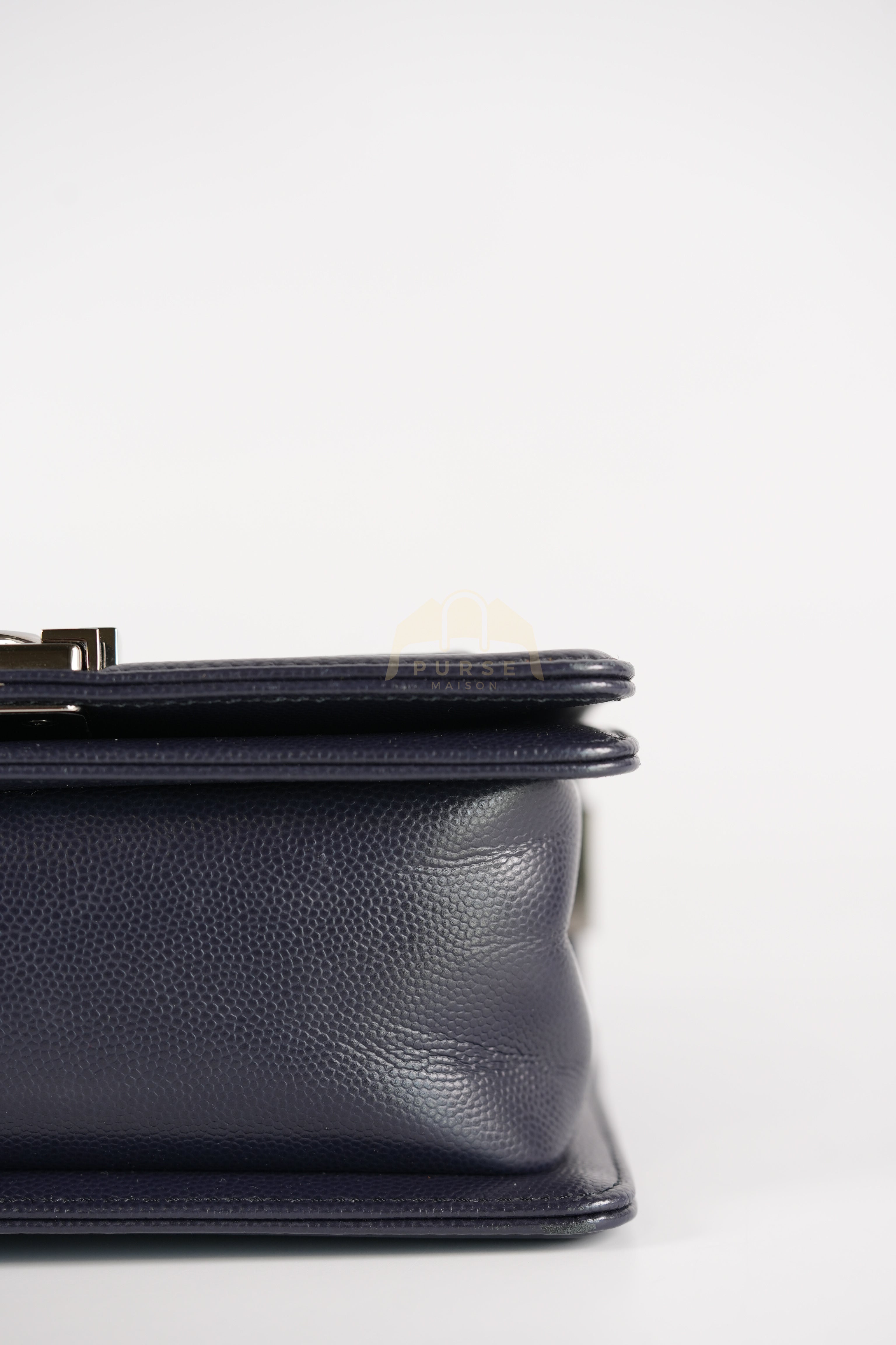 Boy Small Navy Blue in Chevron Caviar Leather and Silver Hardware Series 25 | Purse Maison Luxury Bags Shop