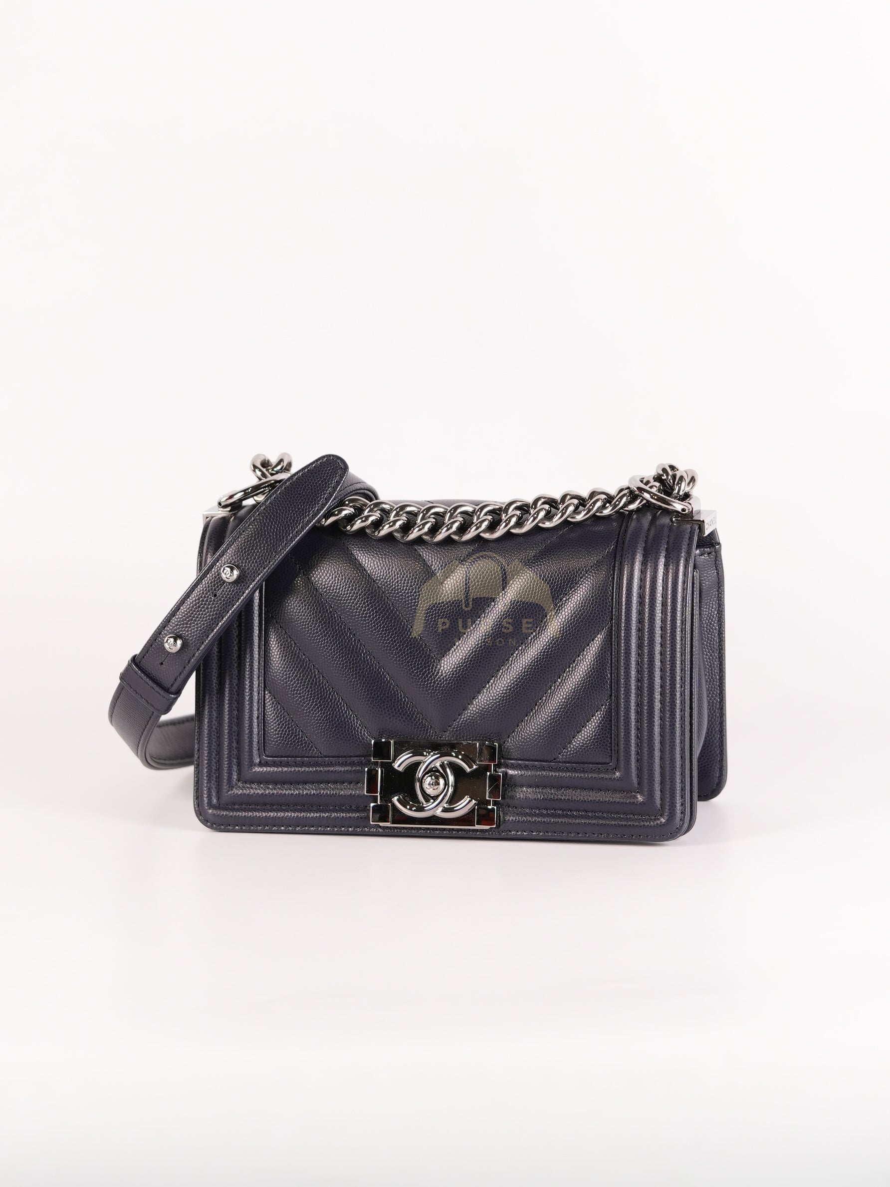 Boy Small Navy Blue in Chevron Caviar Leather and Silver Hardware Series 25 | Purse Maison Luxury Bags Shop