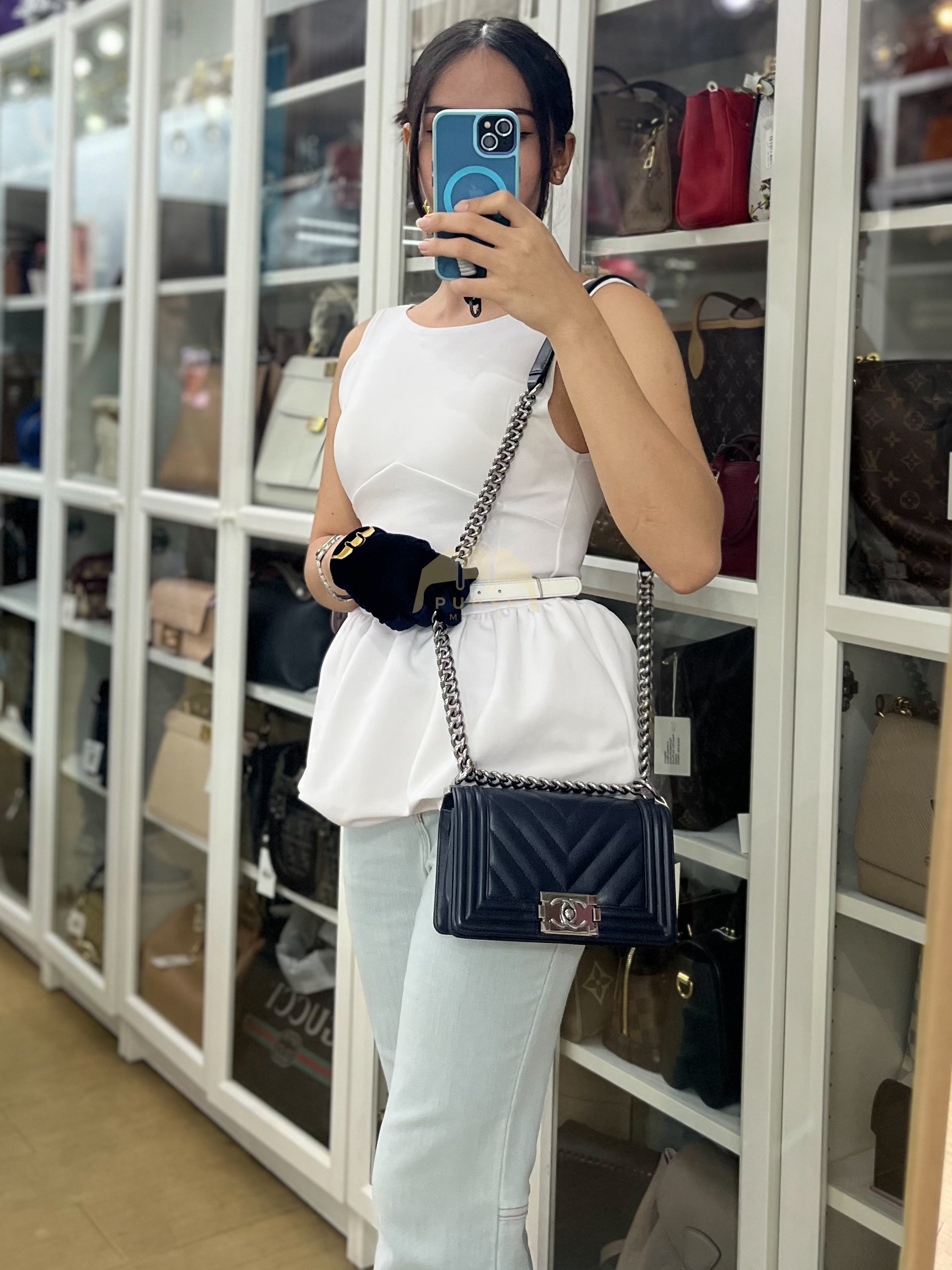 Boy Small Navy Blue in Chevron Caviar Leather and Silver Hardware Series 25 | Purse Maison Luxury Bags Shop