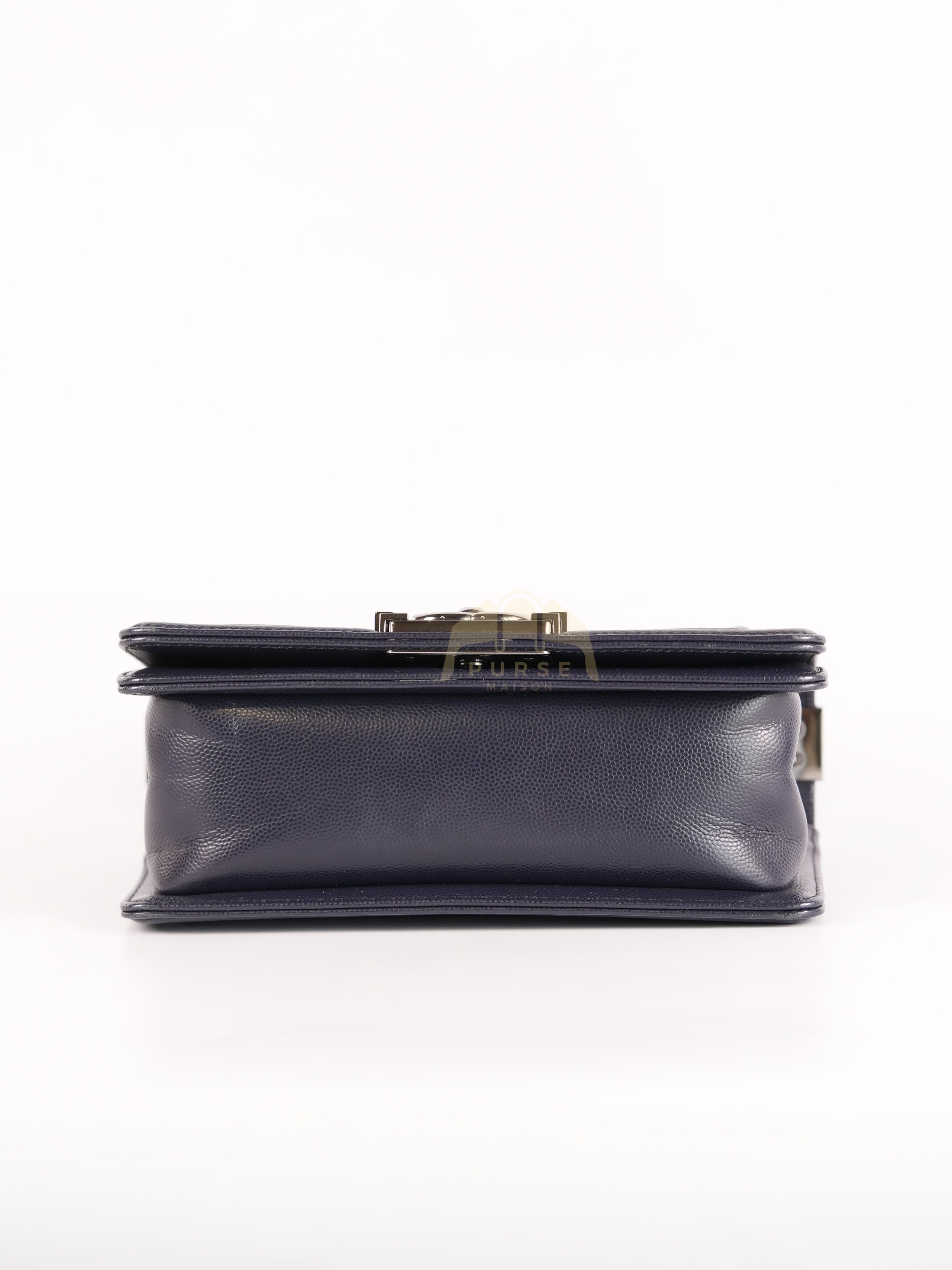 Boy Small Navy Blue in Chevron Caviar Leather and Silver Hardware Series 25 | Purse Maison Luxury Bags Shop