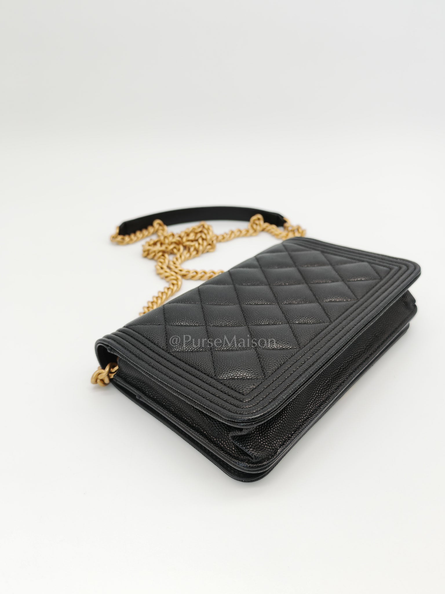Boy Wallet On Chain Black Caviar Leather in Aged Gold Hardware(Series 30) | Purse Maison Luxury Bags Shop