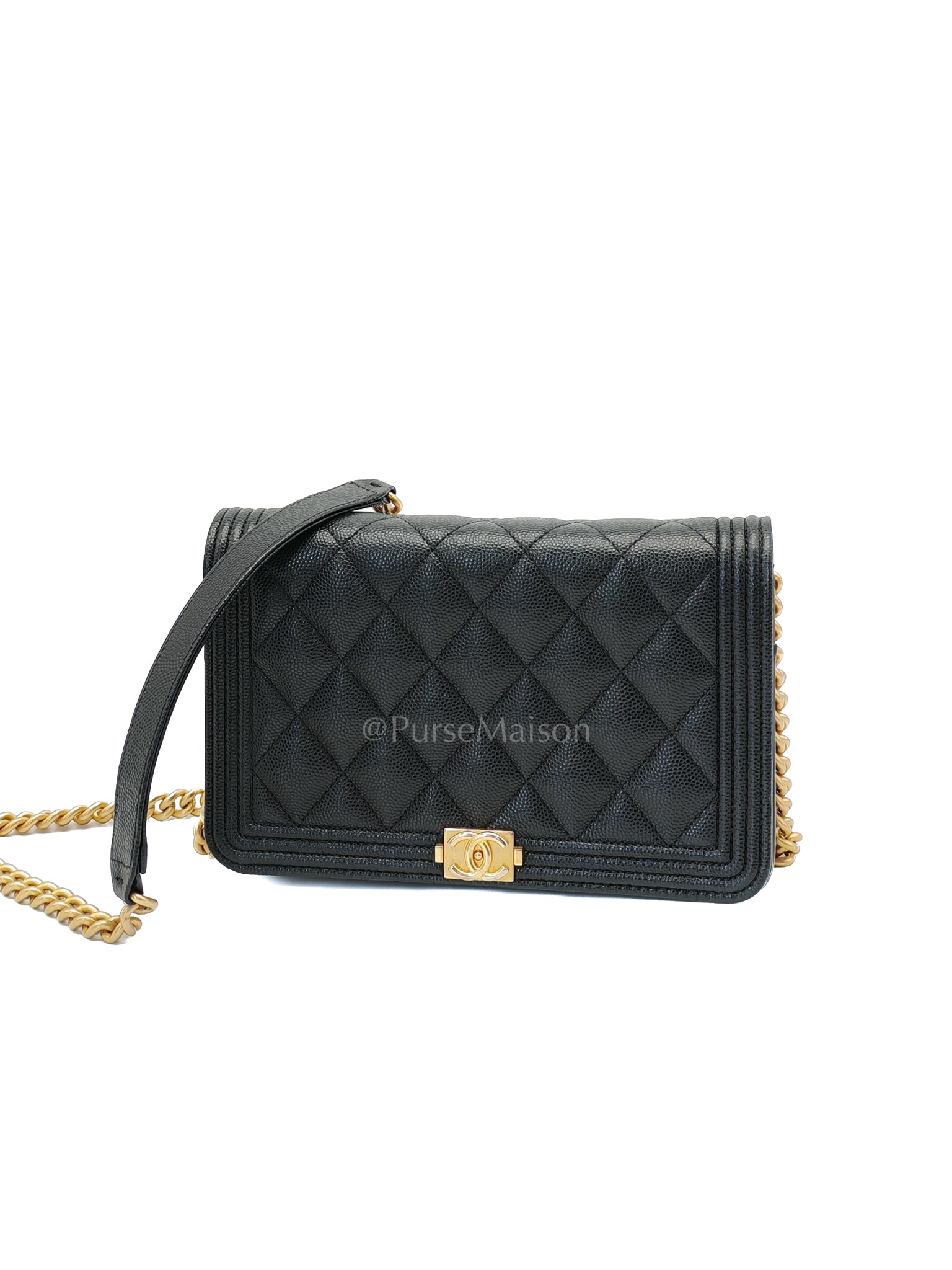 Boy Wallet On Chain Black Caviar Leather in Aged Gold Hardware(Series 30) | Purse Maison Luxury Bags Shop