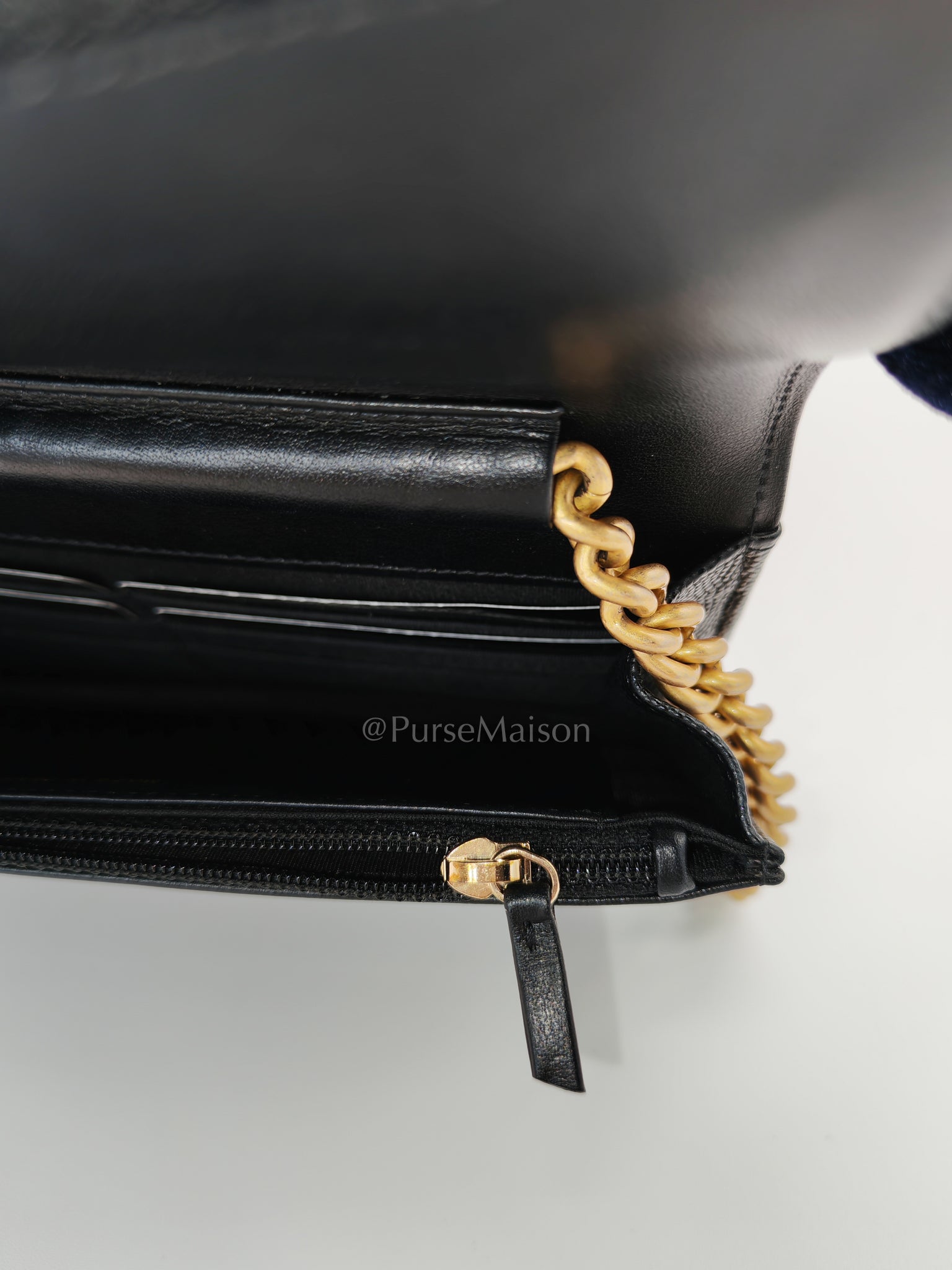 Boy Wallet On Chain Black Caviar Leather in Aged Gold Hardware(Series 30) | Purse Maison Luxury Bags Shop