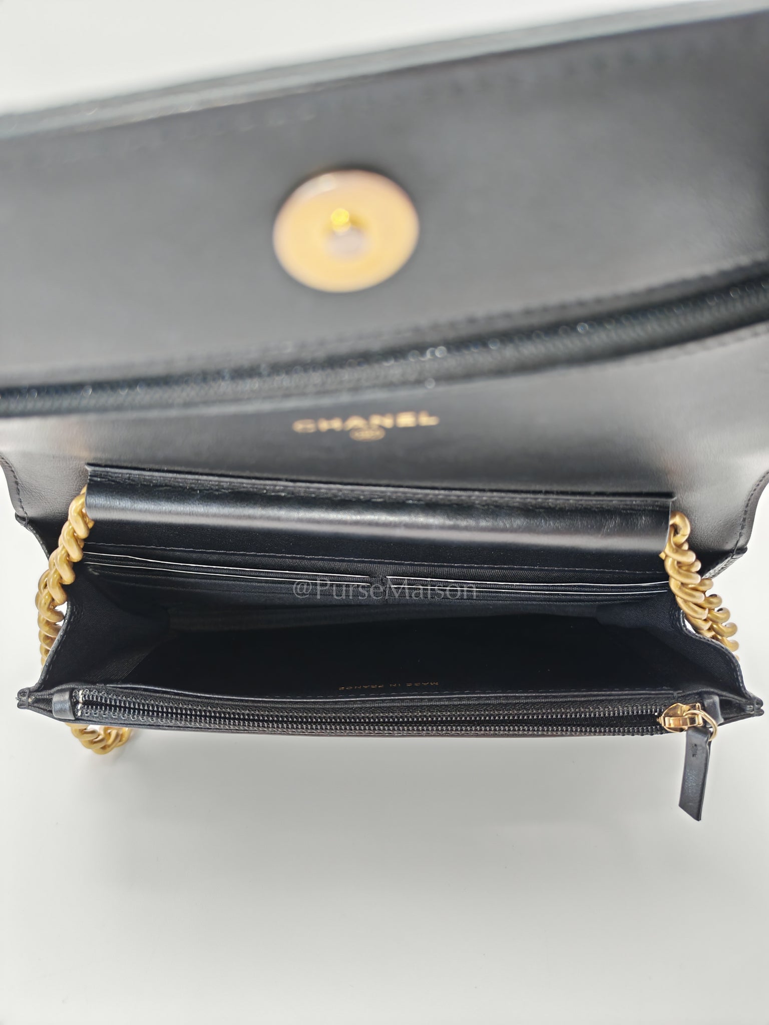 Boy Wallet On Chain Black Caviar Leather in Aged Gold Hardware(Series 30) | Purse Maison Luxury Bags Shop