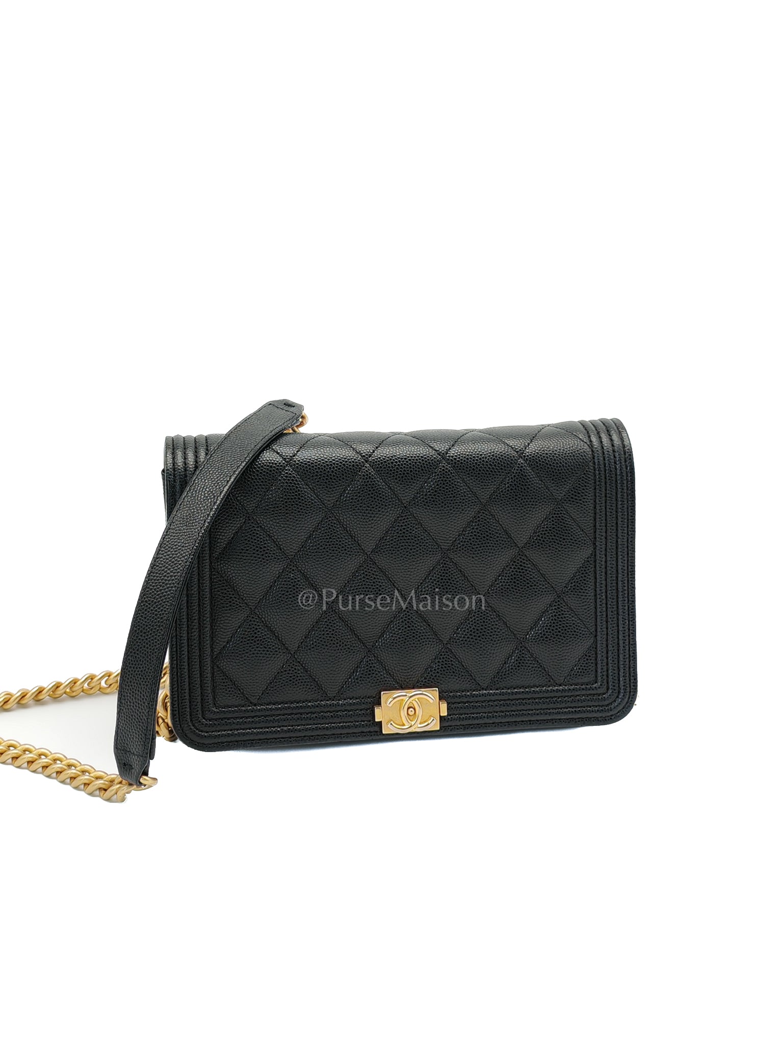 Boy Wallet On Chain Black Caviar Leather in Aged Gold Hardware(Series 30) | Purse Maison Luxury Bags Shop
