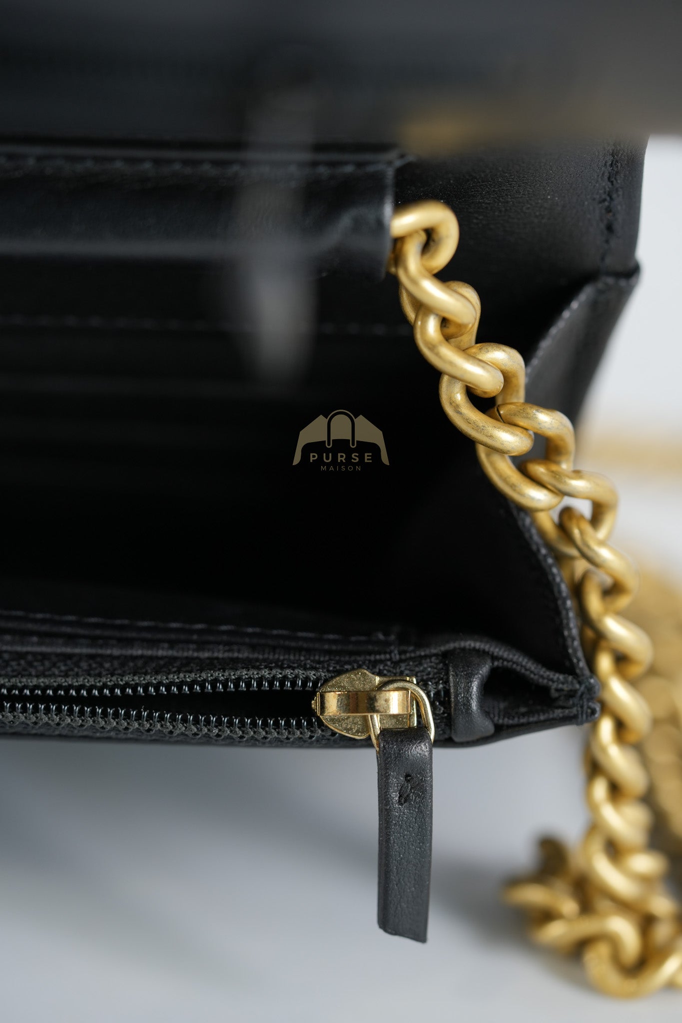 Boy Wallet on Chain in Black Quilted Caviar Leather & Gold Hardware Series 30 | Purse Maison Luxury Bags Shop