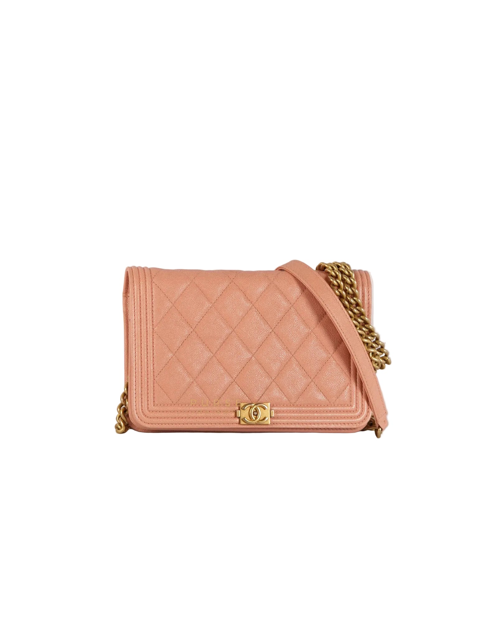 Boy Wallet On Chain in Light Pink Caviar Leather & Aged Gold Hardware (Series 27) | Purse Maison Luxury Bags Shop