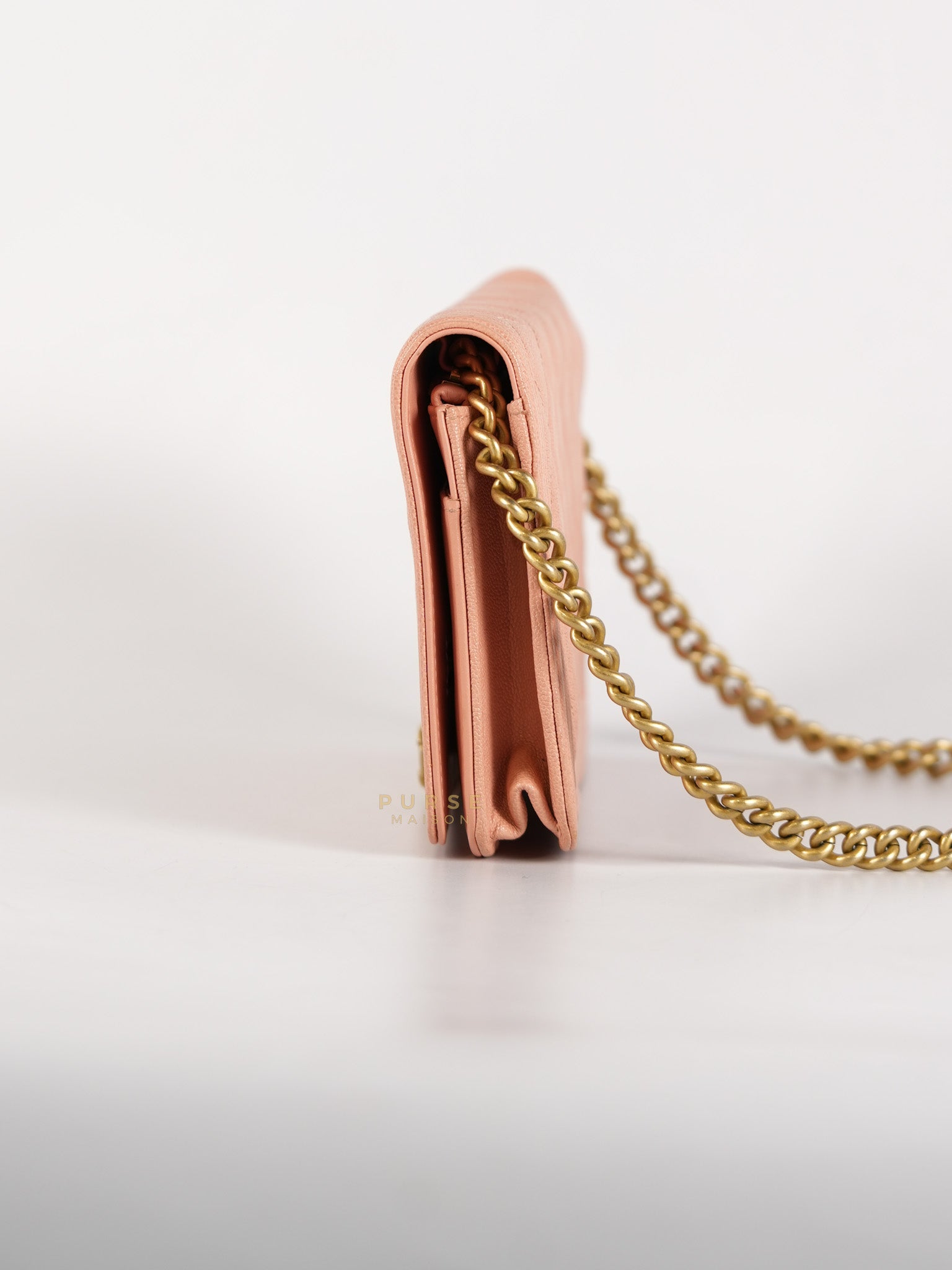 Boy Wallet On Chain in Light Pink Caviar Leather & Aged Gold Hardware (Series 27) | Purse Maison Luxury Bags Shop