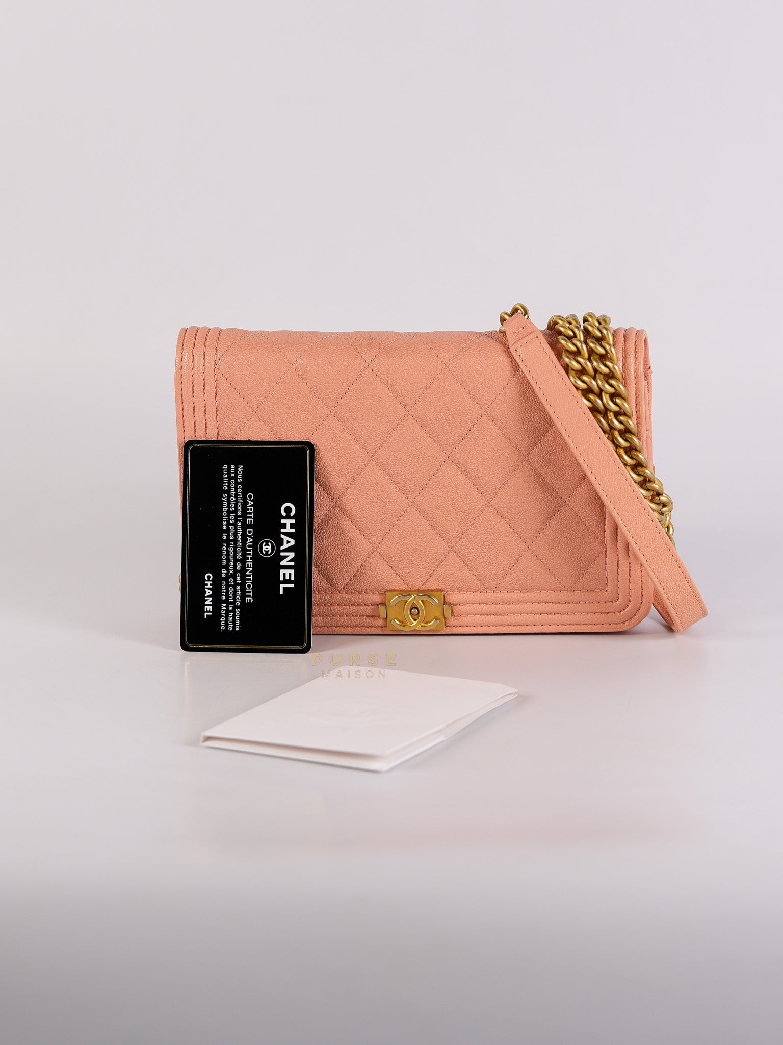 Boy Wallet On Chain in Light Pink Caviar Leather & Aged Gold Hardware (Series 27) | Purse Maison Luxury Bags Shop