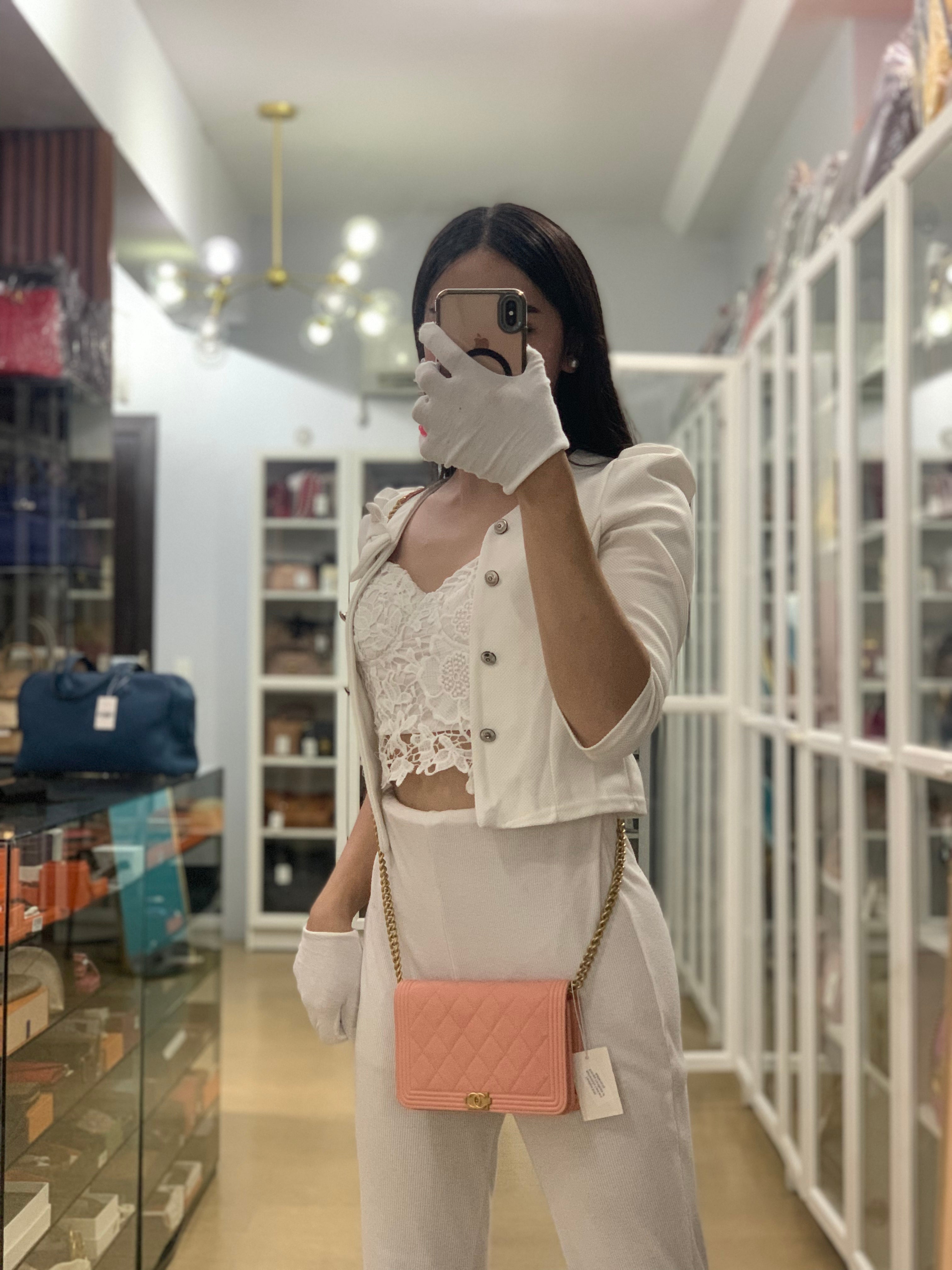 Boy Wallet On Chain in Light Pink Caviar Leather & Aged Gold Hardware (Series 27) | Purse Maison Luxury Bags Shop