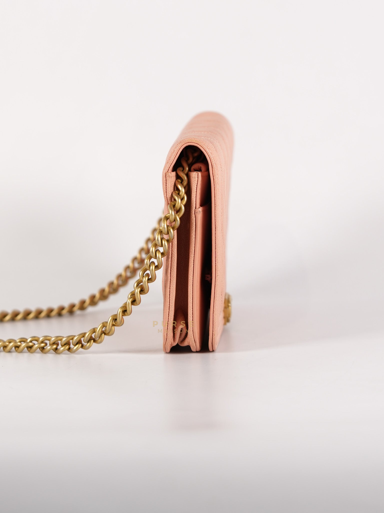 Boy Wallet On Chain in Light Pink Caviar Leather & Aged Gold Hardware (Series 27) | Purse Maison Luxury Bags Shop