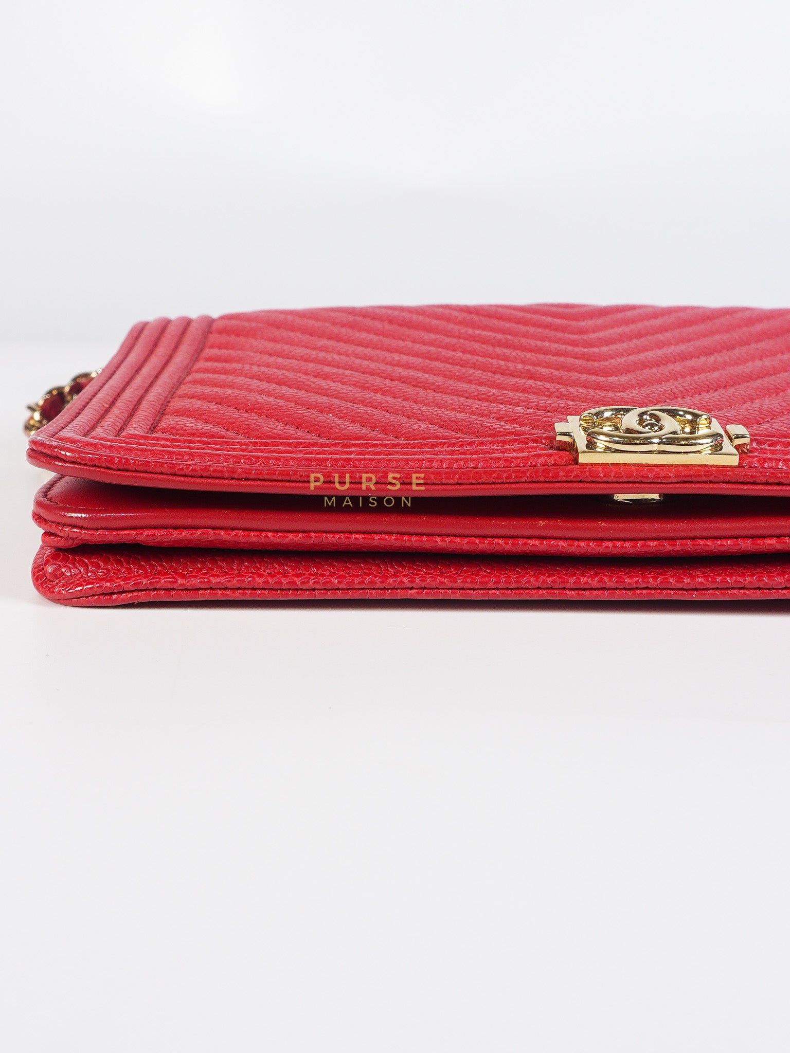 Boy Wallet on Chain in Red Chevron Caviar Leather & Light Gold Hardware Series 25 | Purse Maison Luxury Bags Shop